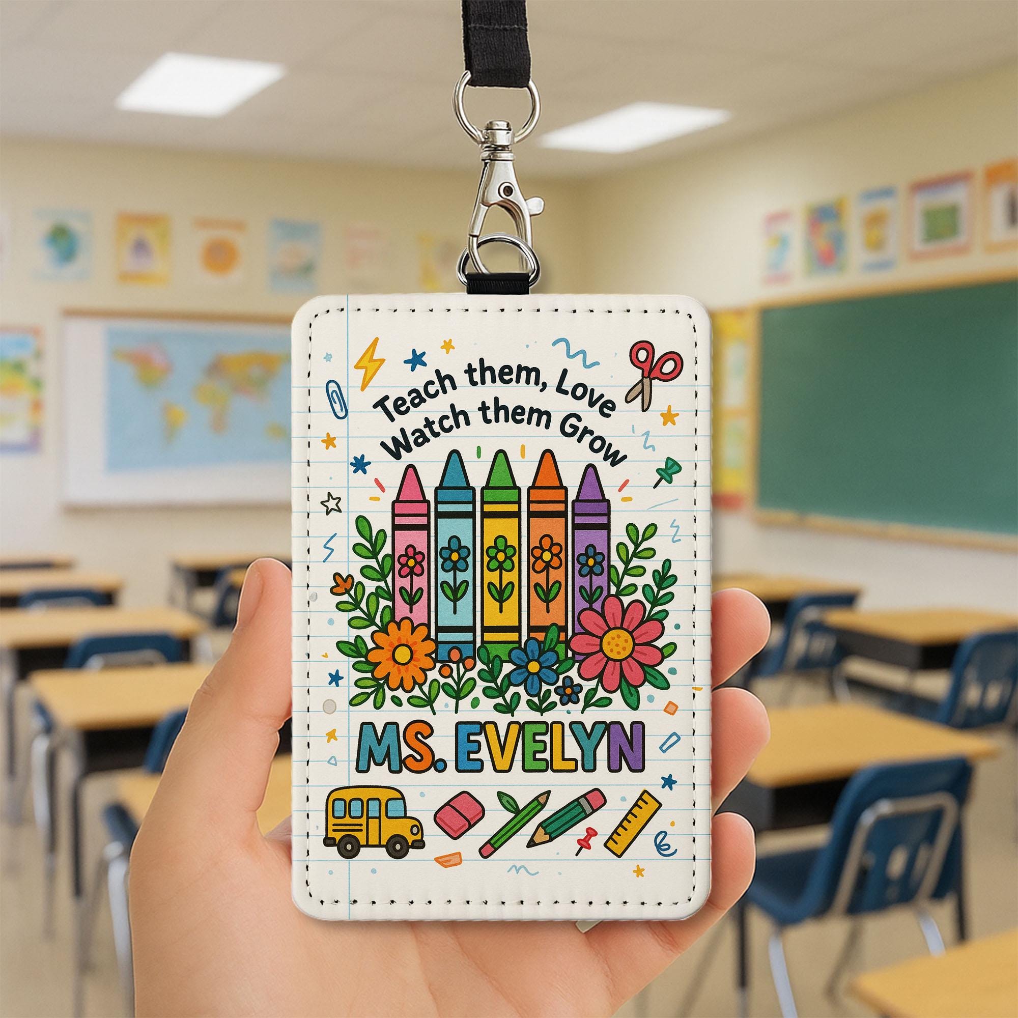 Personalized Teacher Badge Holder, Back to School ID Card Holder, Crayon Floral Lanyard Tag, Cute Teacher Gift, Classroom Accessory
