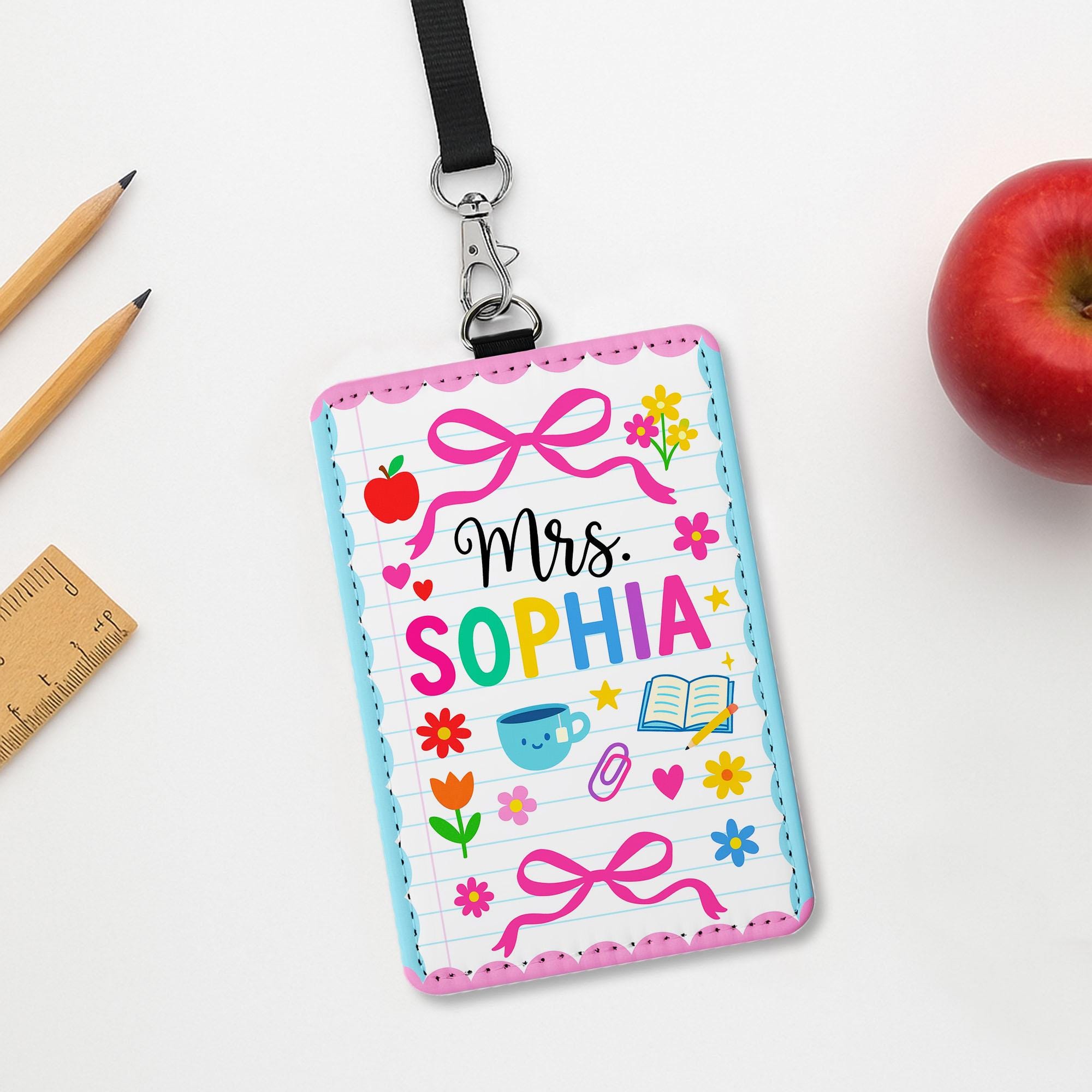 Personalized Teacher Badge Holder, Back to School ID Card, Cute Pink Teacher Lanyard, Classroom Accessory, Floral Teacher Gift for Women