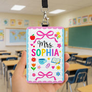 Personalized Teacher Badge Holder, Back to School ID Card, Cute Pink Teacher Lanyard, Classroom Accessory, Floral Teacher Gift for Women