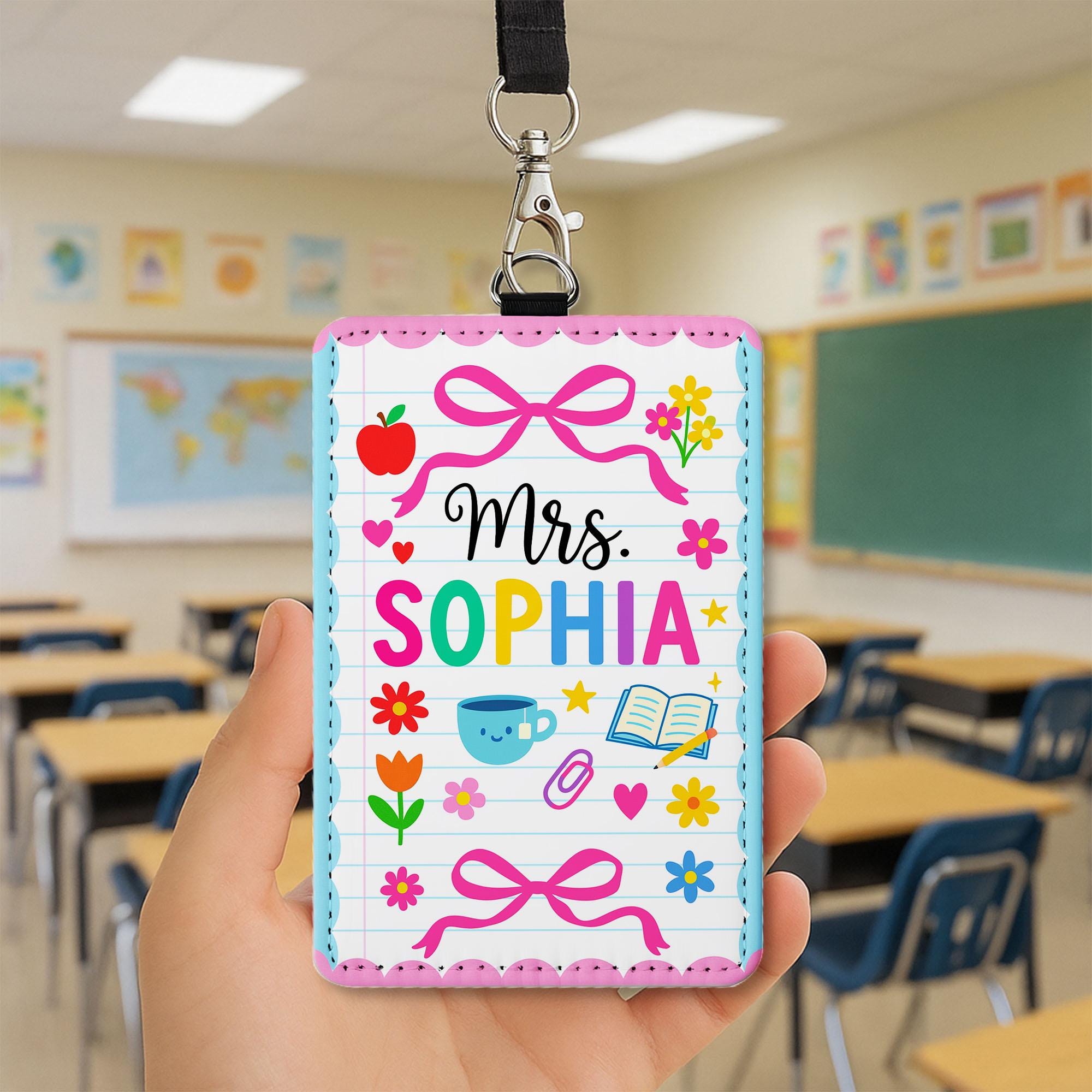 Personalized Teacher Badge Holder, Back to School ID Card, Cute Pink Teacher Lanyard, Classroom Accessory, Floral Teacher Gift for Women