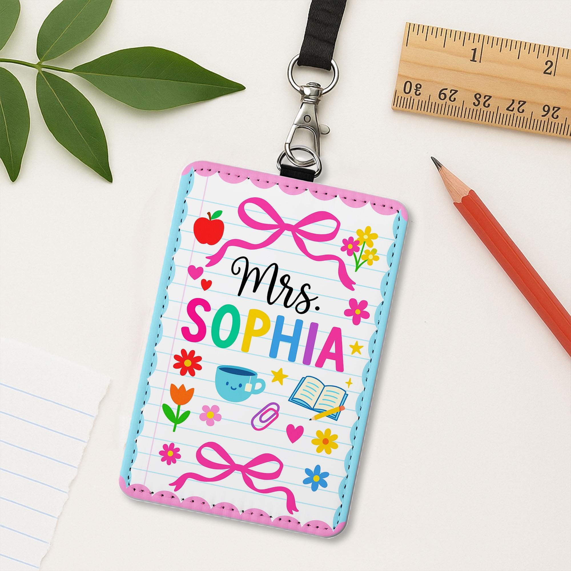 Personalized Teacher Badge Holder, Back to School ID Card, Cute Pink Teacher Lanyard, Classroom Accessory, Floral Teacher Gift for Women