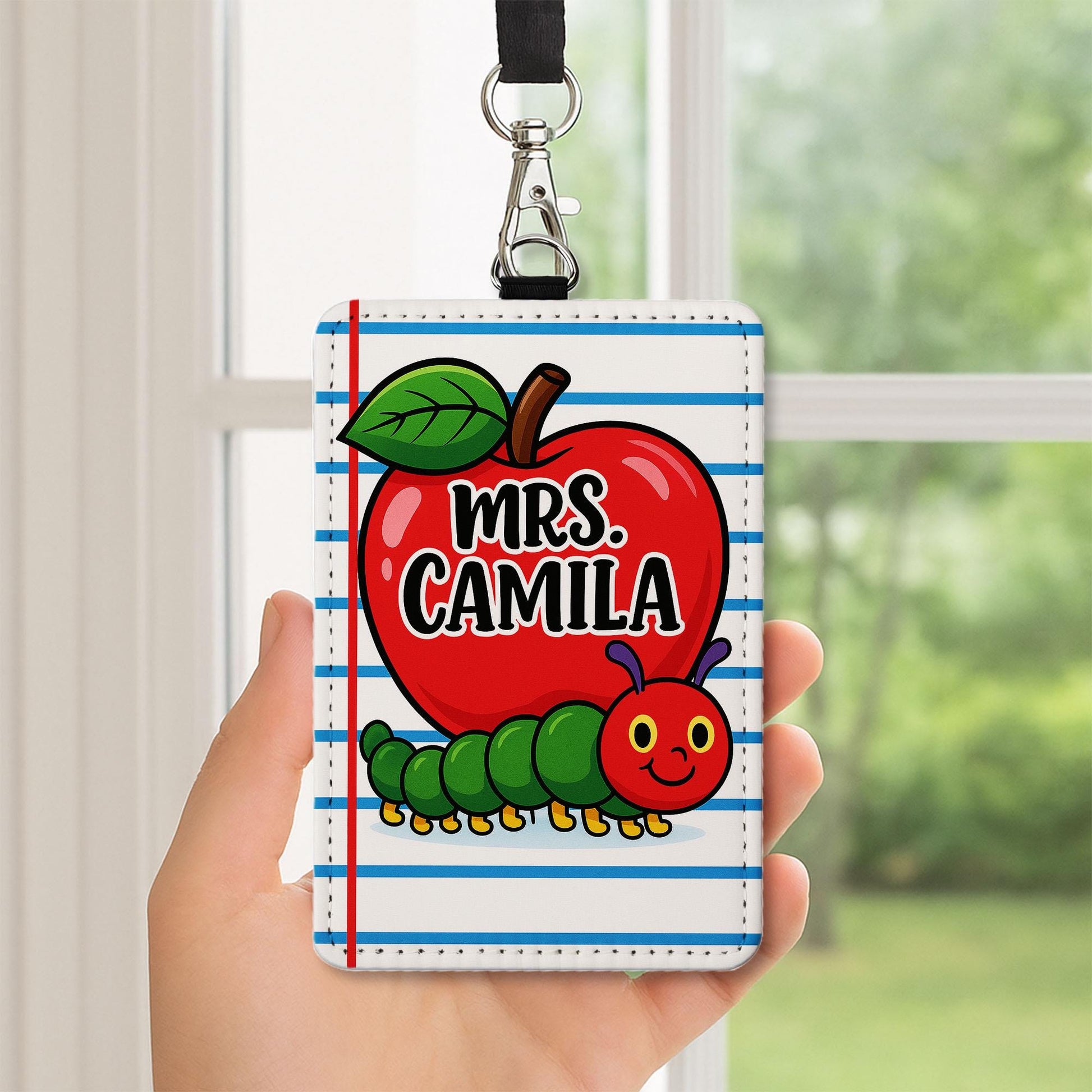 Personalized  Retro Teacher Badge Holder, Apple and Caterpillar ID Card, Back to School Lanyard, Cute Classroom Accessory, Fun Teacher Gift
