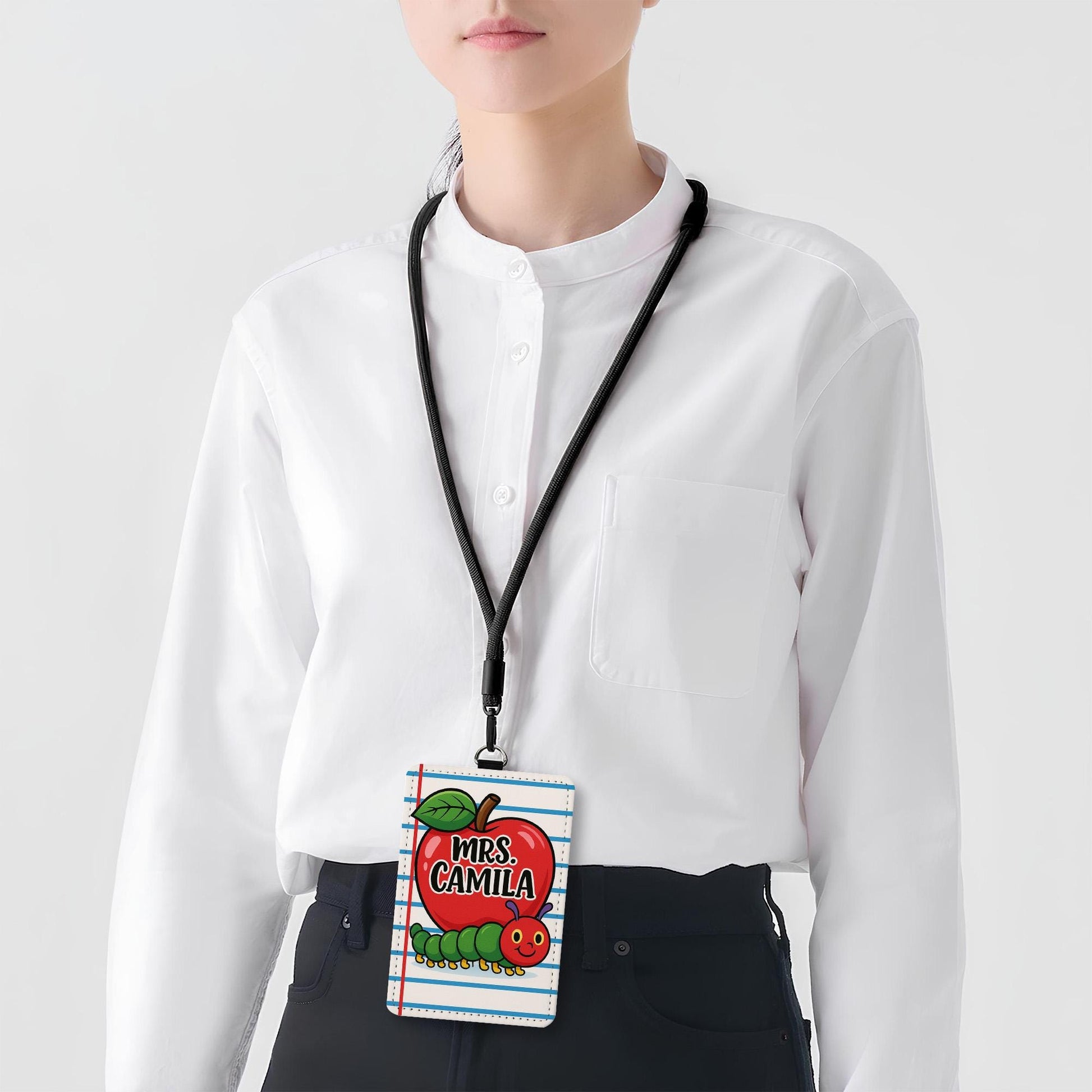 Personalized  Retro Teacher Badge Holder, Apple and Caterpillar ID Card, Back to School Lanyard, Cute Classroom Accessory, Fun Teacher Gift