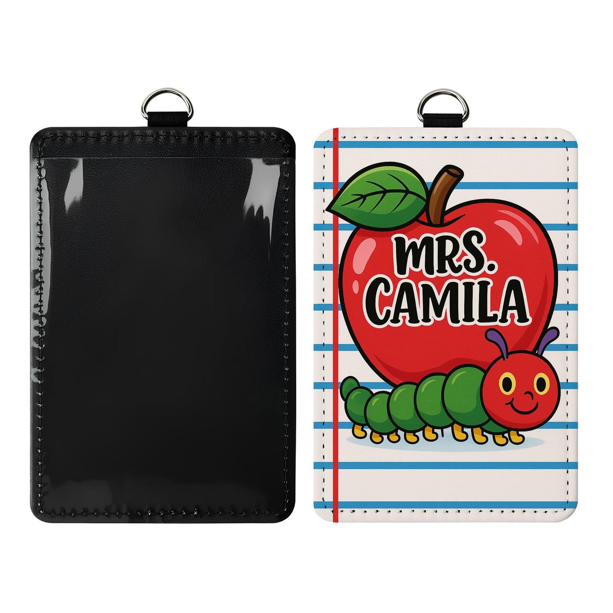 Personalized  Retro Teacher Badge Holder, Apple and Caterpillar ID Card, Back to School Lanyard, Cute Classroom Accessory, Fun Teacher Gift