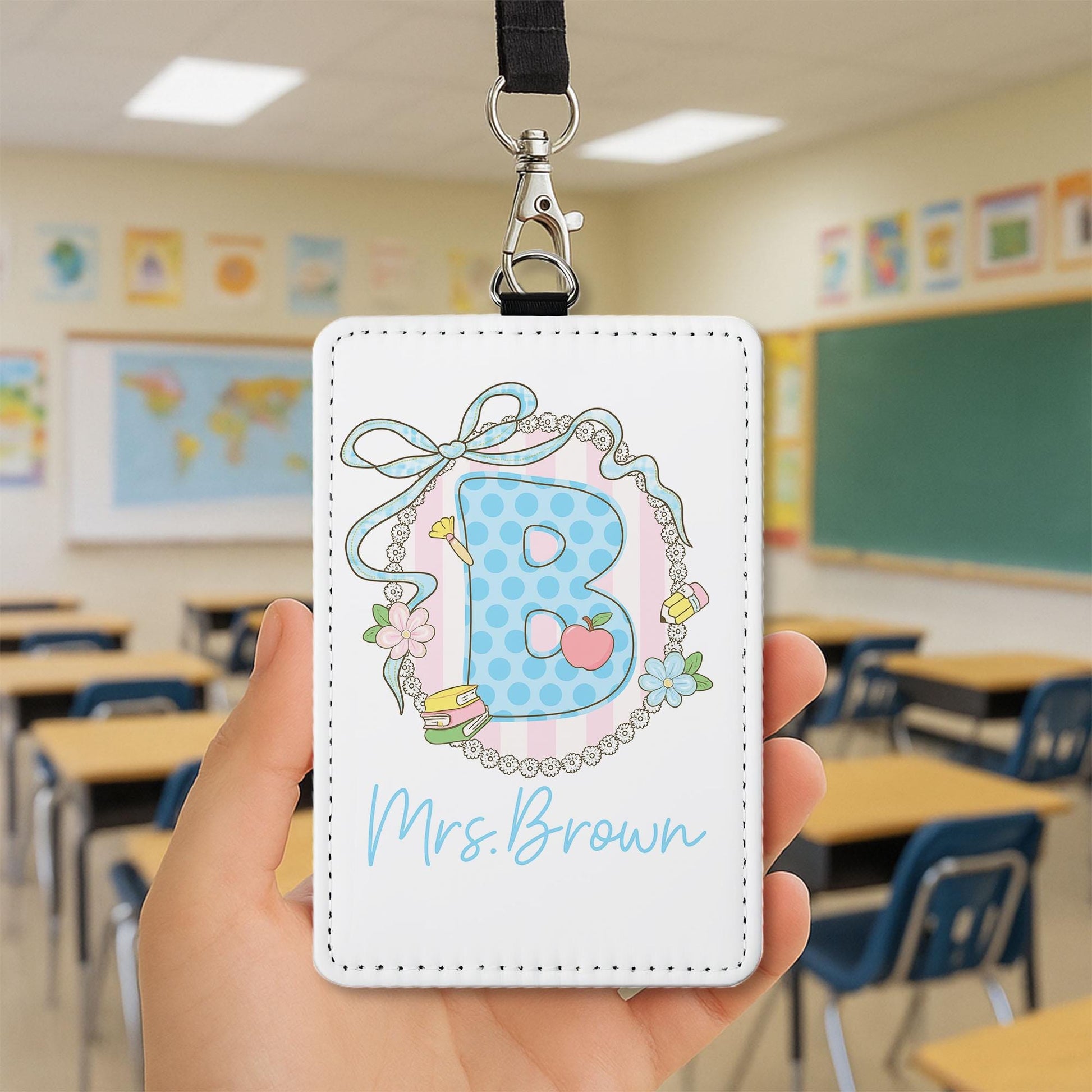 Personalized Teacher ID Holder, Custom Name Badge Holder, Cute Floral Initial Lanyard, Gift for Teacher, Classroom Accessory