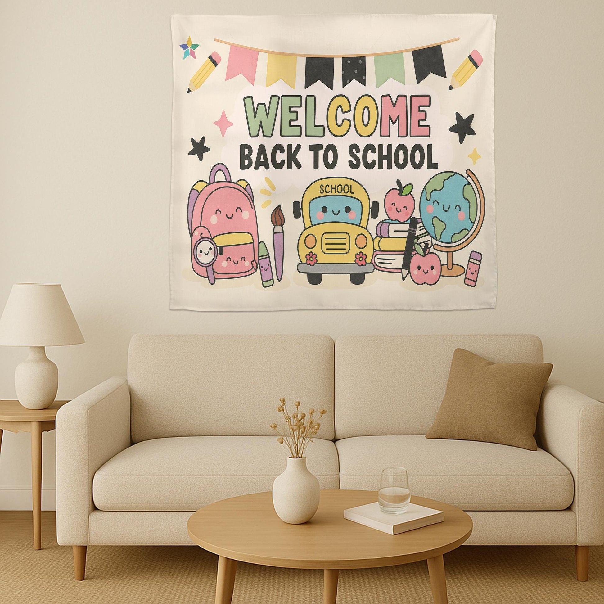 Welcome Back to School Tapestry, Cute Classroom Wall Decor, Teacher Backdrop Banner, Kawaii School Theme Decoration