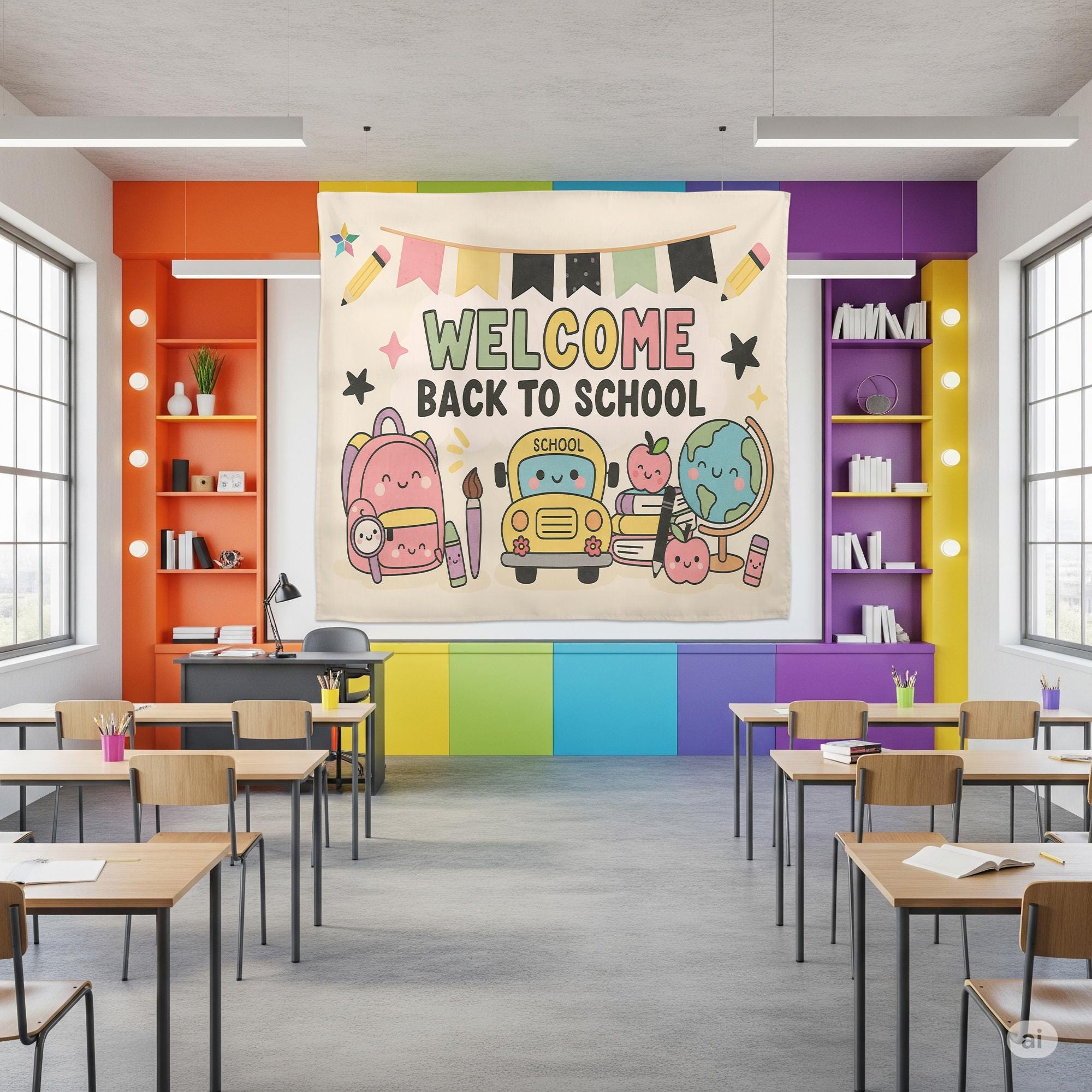 Welcome Back to School Tapestry, Cute Classroom Wall Decor, Teacher Backdrop Banner, Kawaii School Theme Decoration