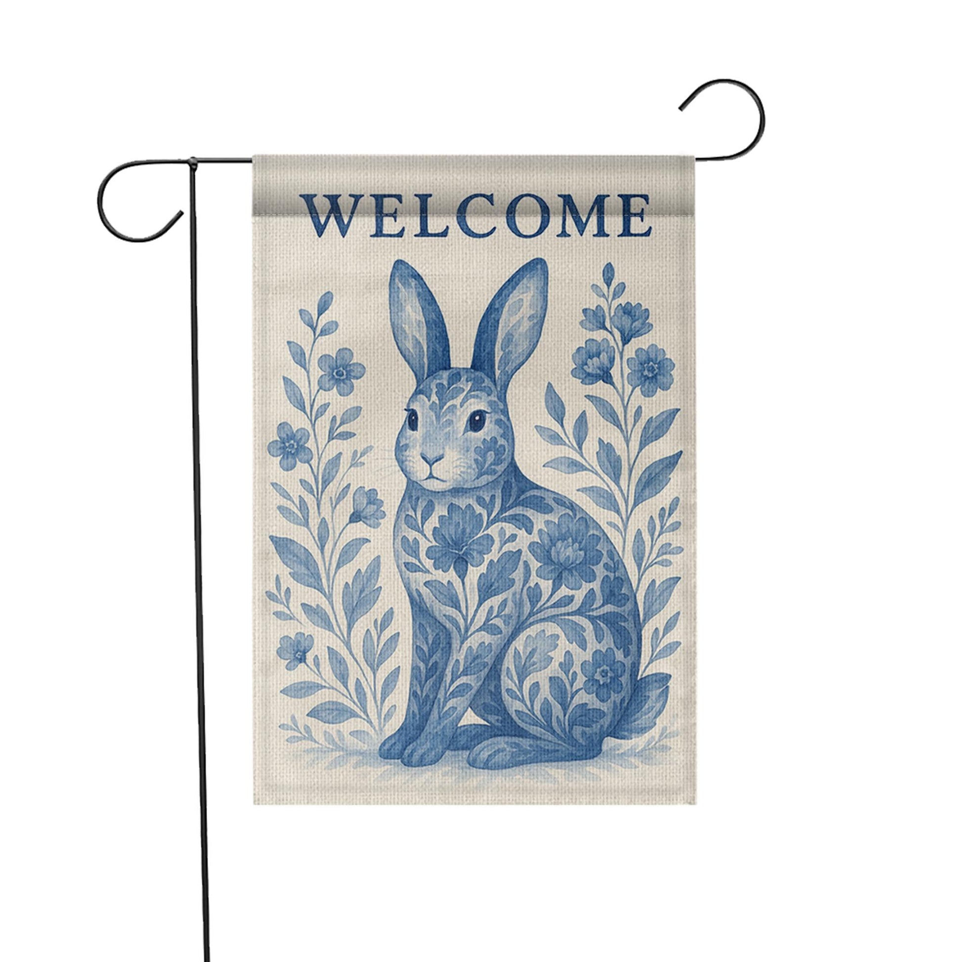 Rabbit Toile de Jouy Garden Flag, Blue Bunny Welcome Yard Sign, French Country Outdoor Decor, Summer Floral Rabbit Banner