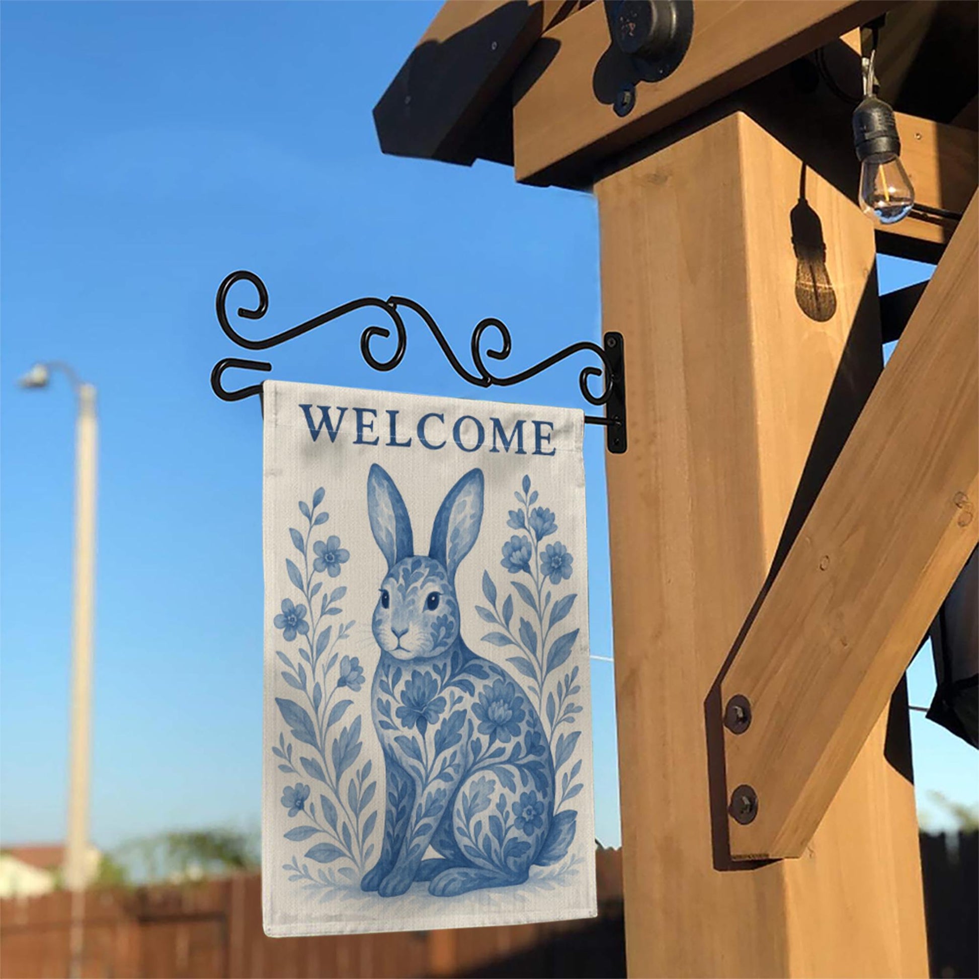 Rabbit Toile de Jouy Garden Flag, Blue Bunny Welcome Yard Sign, French Country Outdoor Decor, Summer Floral Rabbit Banner