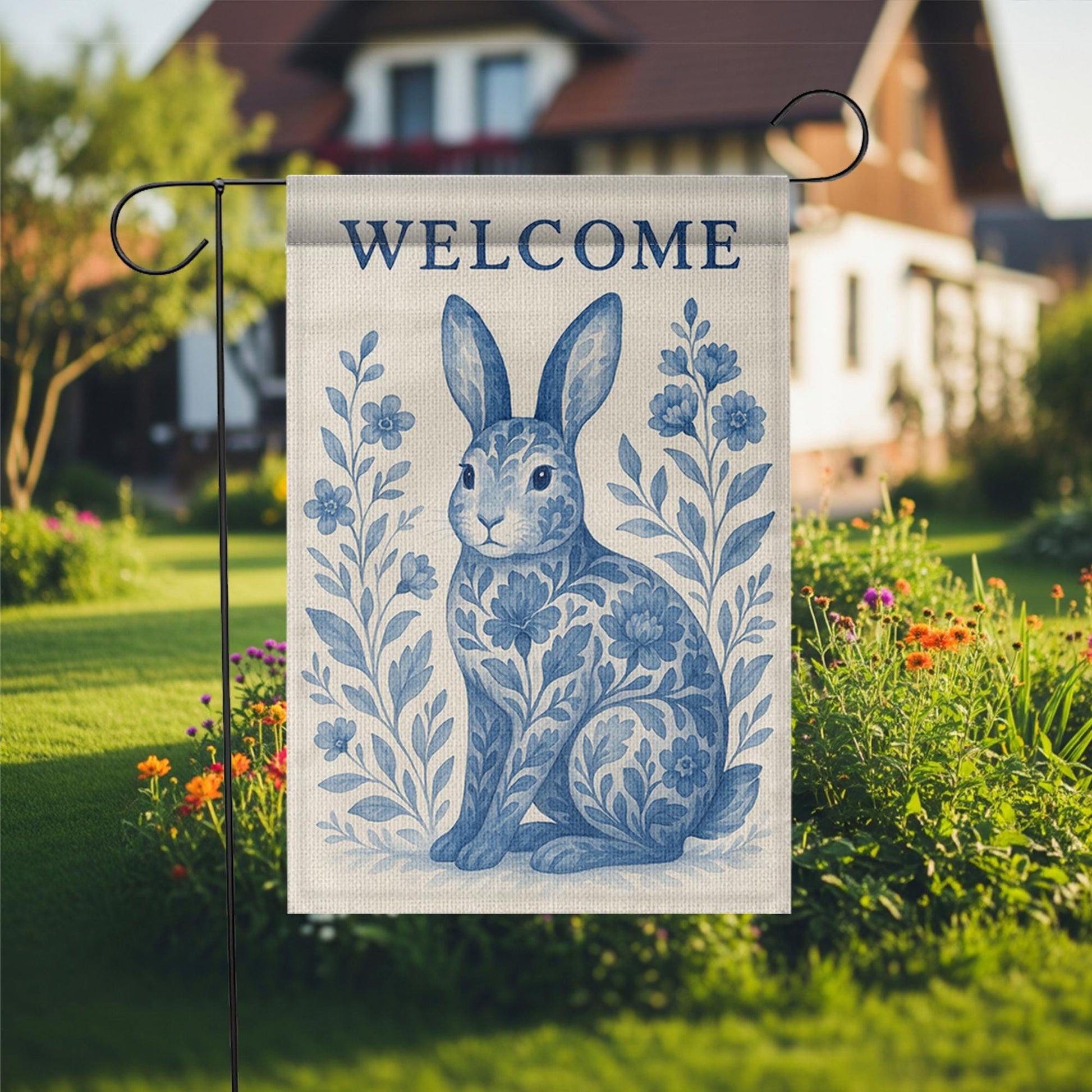Rabbit Toile de Jouy Garden Flag, Blue Bunny Welcome Yard Sign, French Country Outdoor Decor, Summer Floral Rabbit Banner