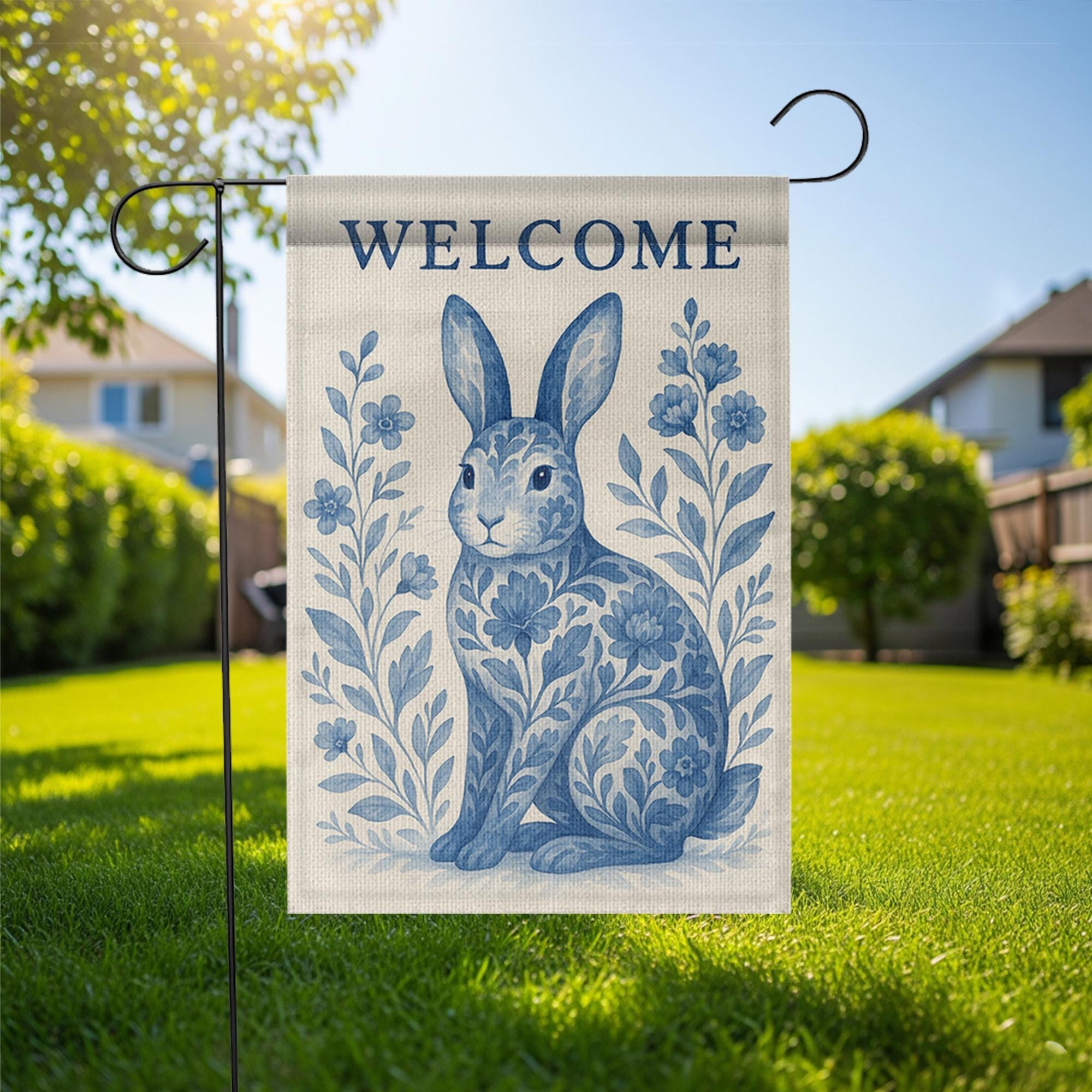 Rabbit Toile de Jouy Garden Flag, Blue Bunny Welcome Yard Sign, French Country Outdoor Decor, Summer Floral Rabbit Banner