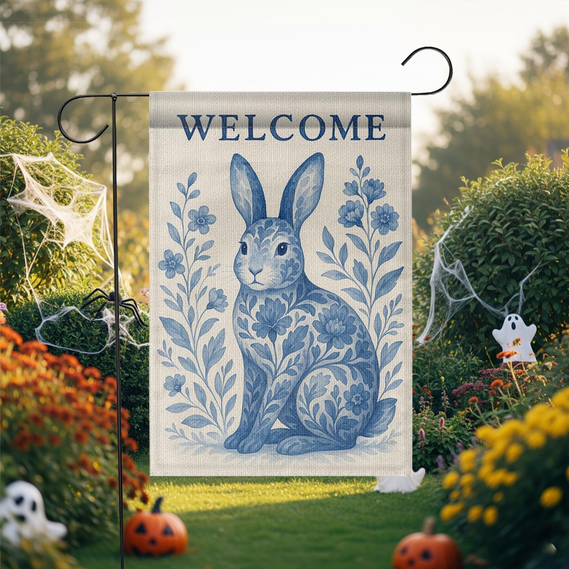 Rabbit Toile de Jouy Garden Flag, Blue Bunny Welcome Yard Sign, French Country Outdoor Decor, Summer Floral Rabbit Banner