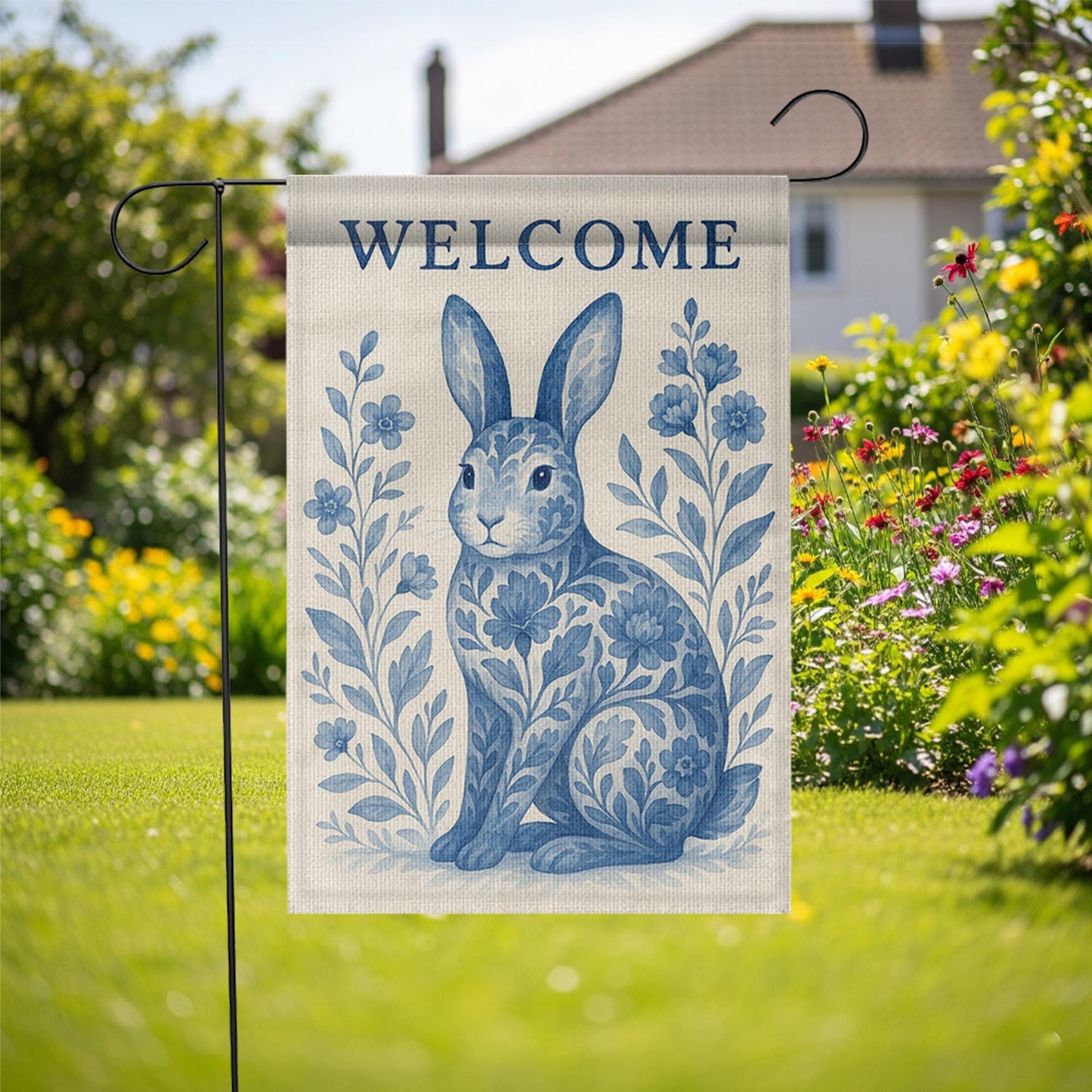 Rabbit Toile de Jouy Garden Flag, Blue Bunny Welcome Yard Sign, French Country Outdoor Decor, Summer Floral Rabbit Banner