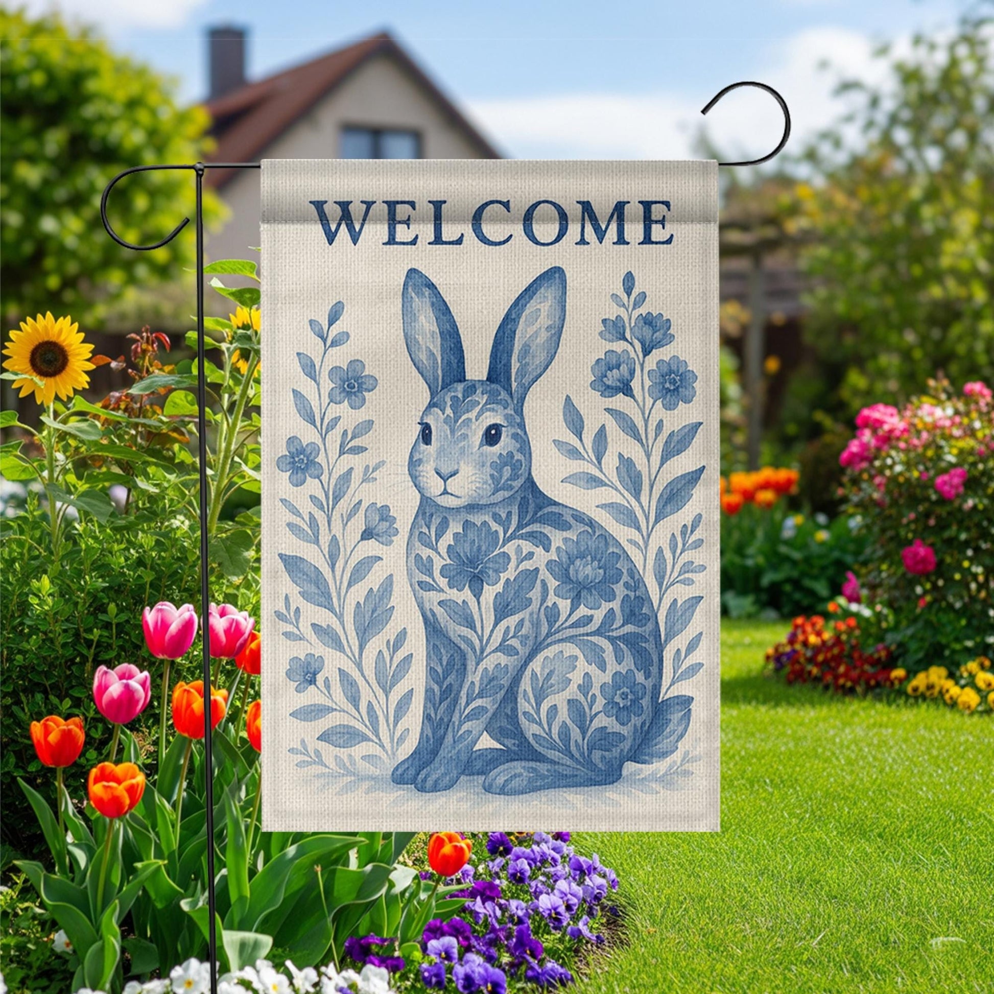 Rabbit Toile de Jouy Garden Flag, Blue Bunny Welcome Yard Sign, French Country Outdoor Decor, Summer Floral Rabbit Banner
