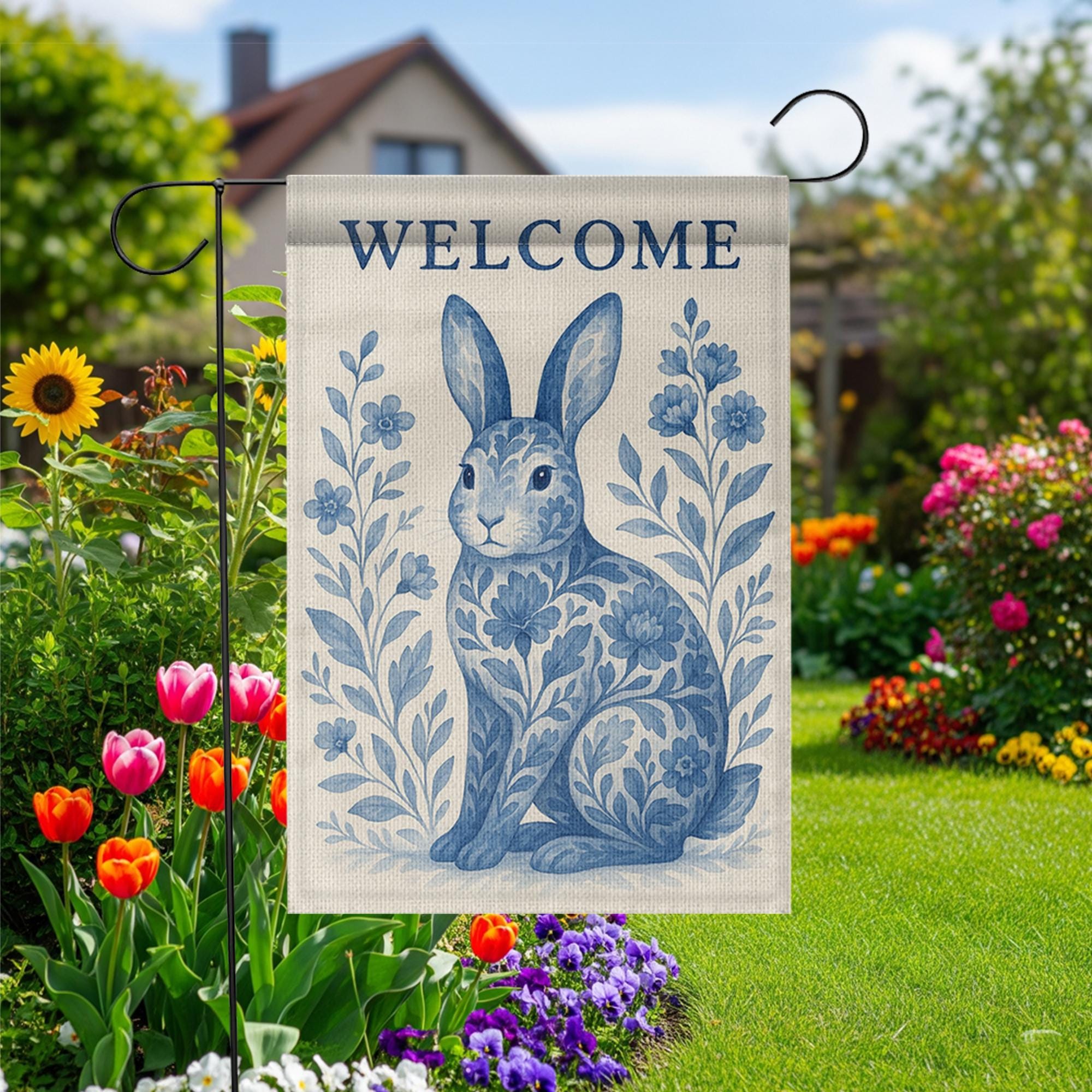 Rabbit Toile de Jouy Garden Flag, Blue Bunny Welcome Yard Sign, French Country Outdoor Decor, Summer Floral Rabbit Banner