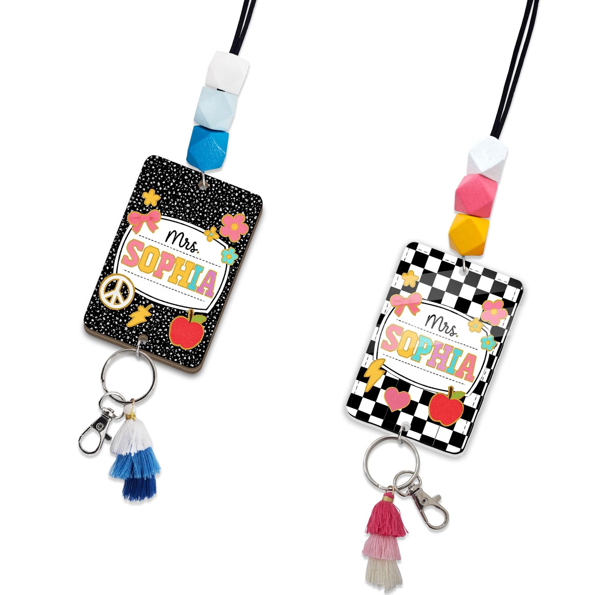 Custom Teacher ID Badge with Beaded Lanyard - Personalized Composition Notebook Style Name Tag, Fun Classroom Gift for Mrs. or Miss