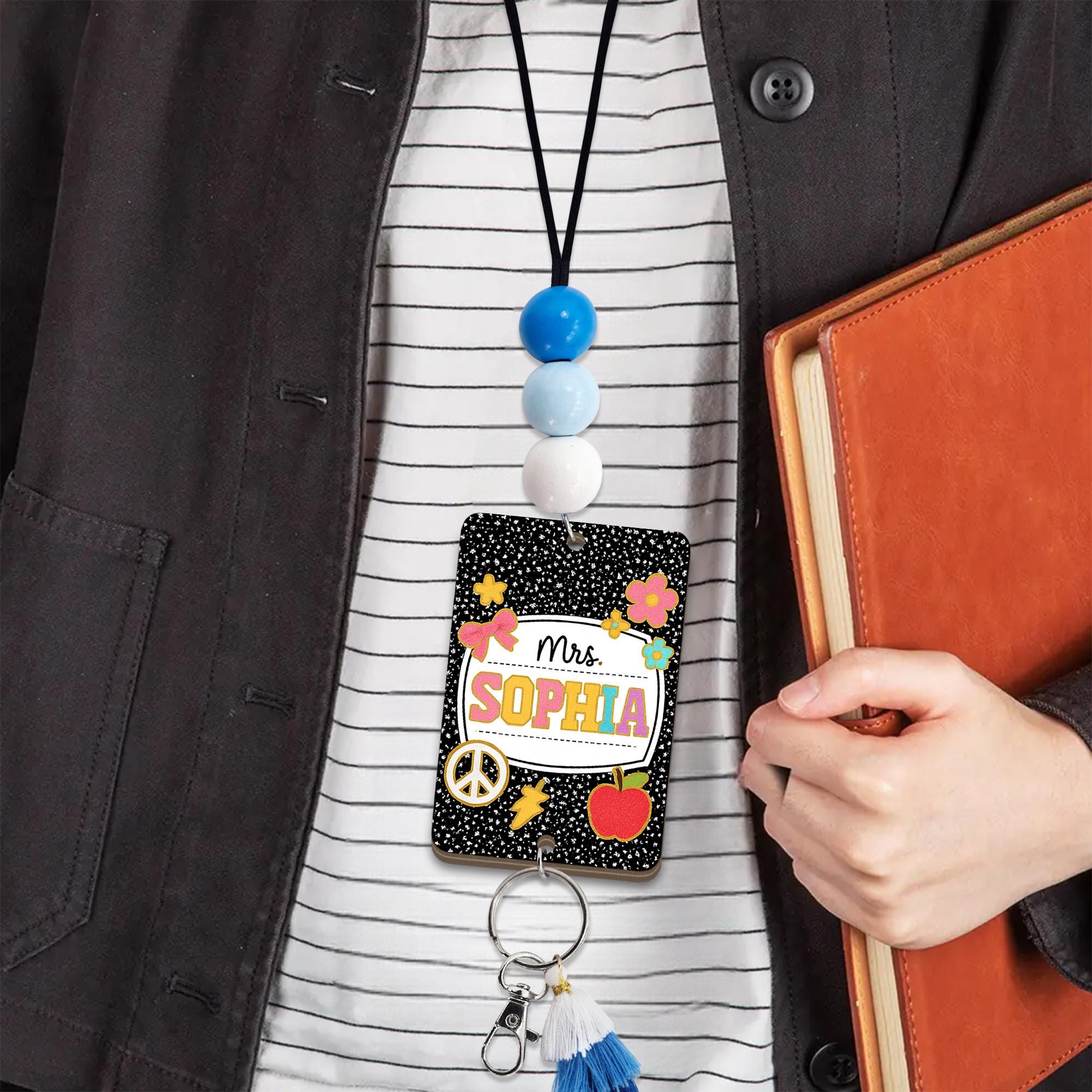 Custom Teacher ID Badge with Beaded Lanyard - Personalized Composition Notebook Style Name Tag, Fun Classroom Gift for Mrs. or Miss