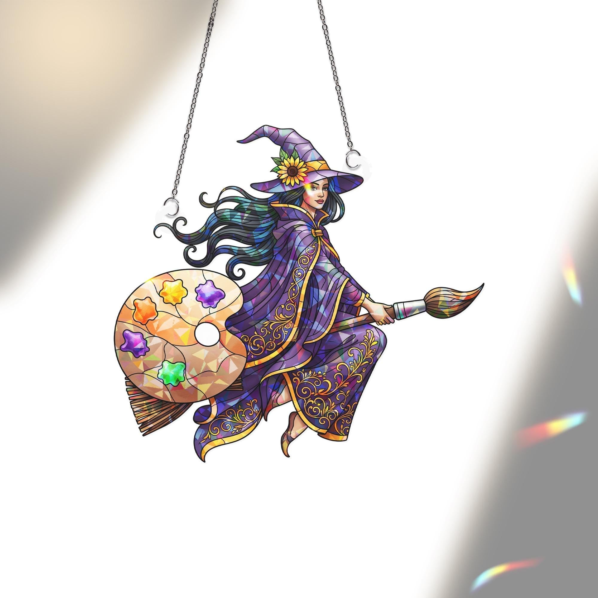 Stained Glass Witch Suncatcher | Colorful Palette Artist Witch Hanging Decor | Magical Stained Glass Window Ornament