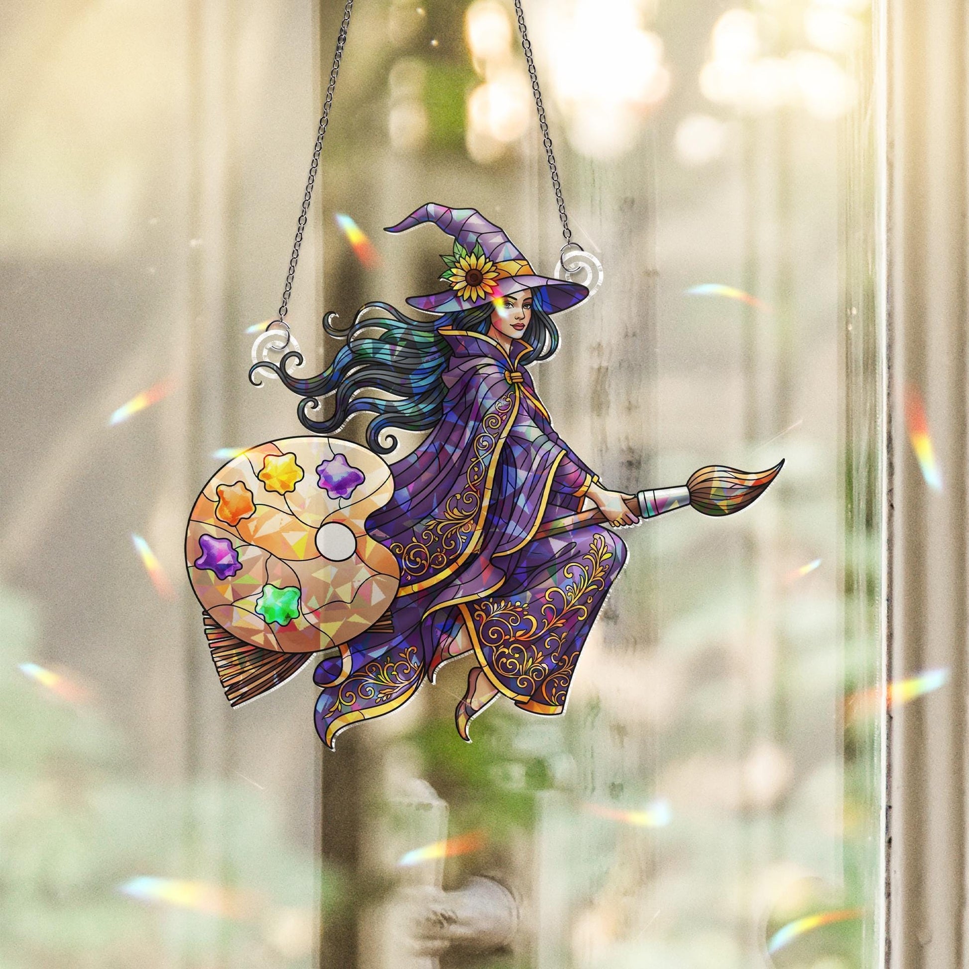 Stained Glass Witch Suncatcher | Colorful Palette Artist Witch Hanging Decor | Magical Stained Glass Window Ornament