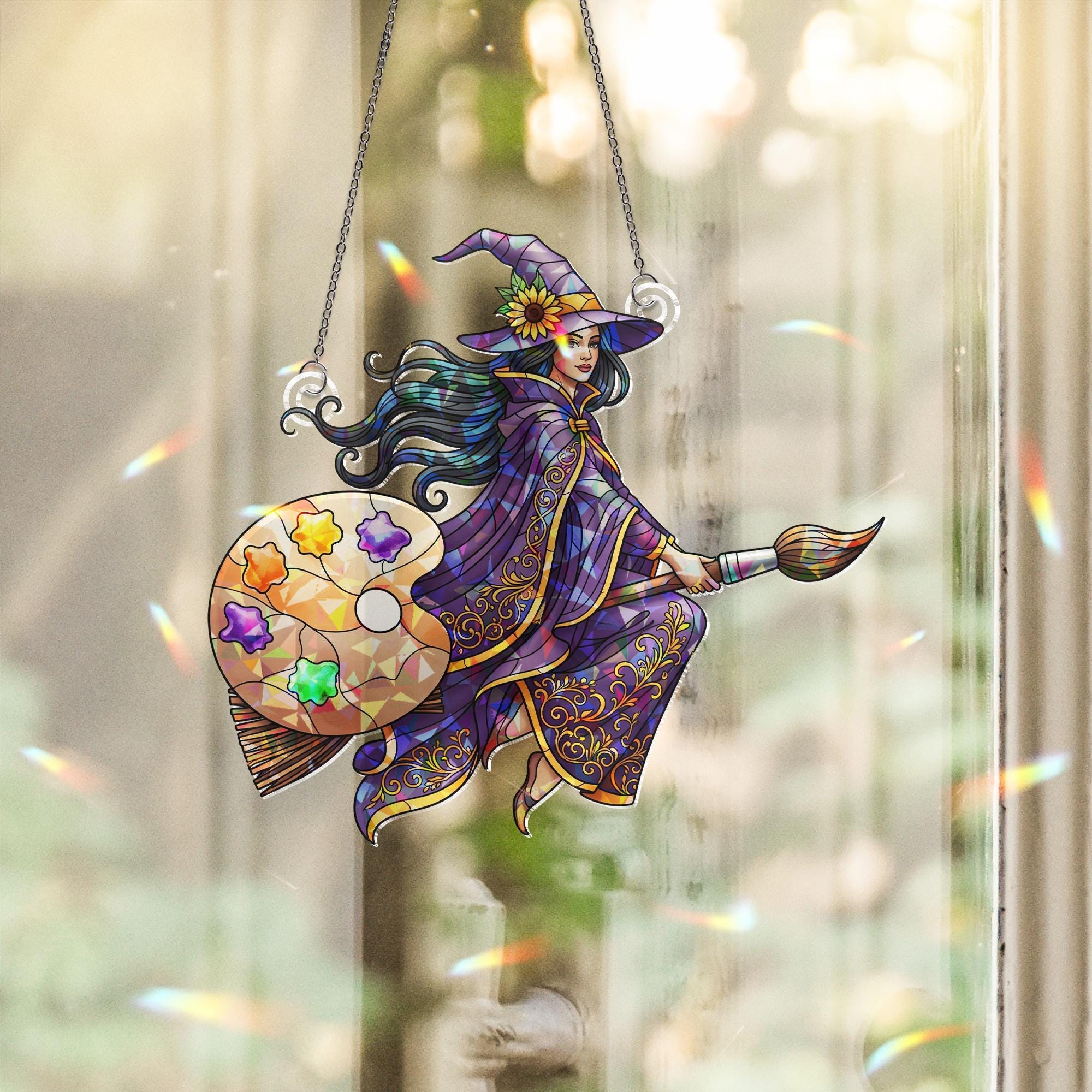 Stained Glass Witch Suncatcher | Colorful Palette Artist Witch Hanging Decor | Magical Stained Glass Window Ornament