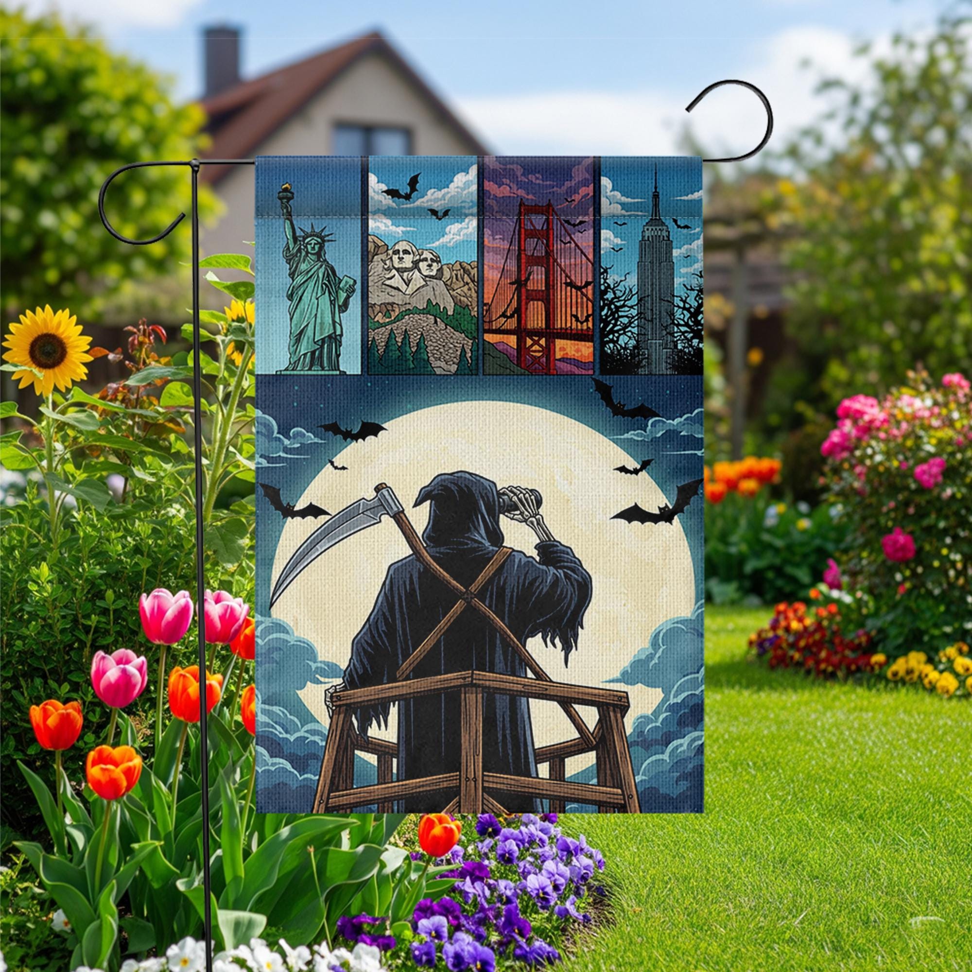 Grim Reaper Garden Flag | Halloween Landmark Yard Decor | Spooky Outdoor Seasonal Banner | USA Landmark Reaper House Flag
