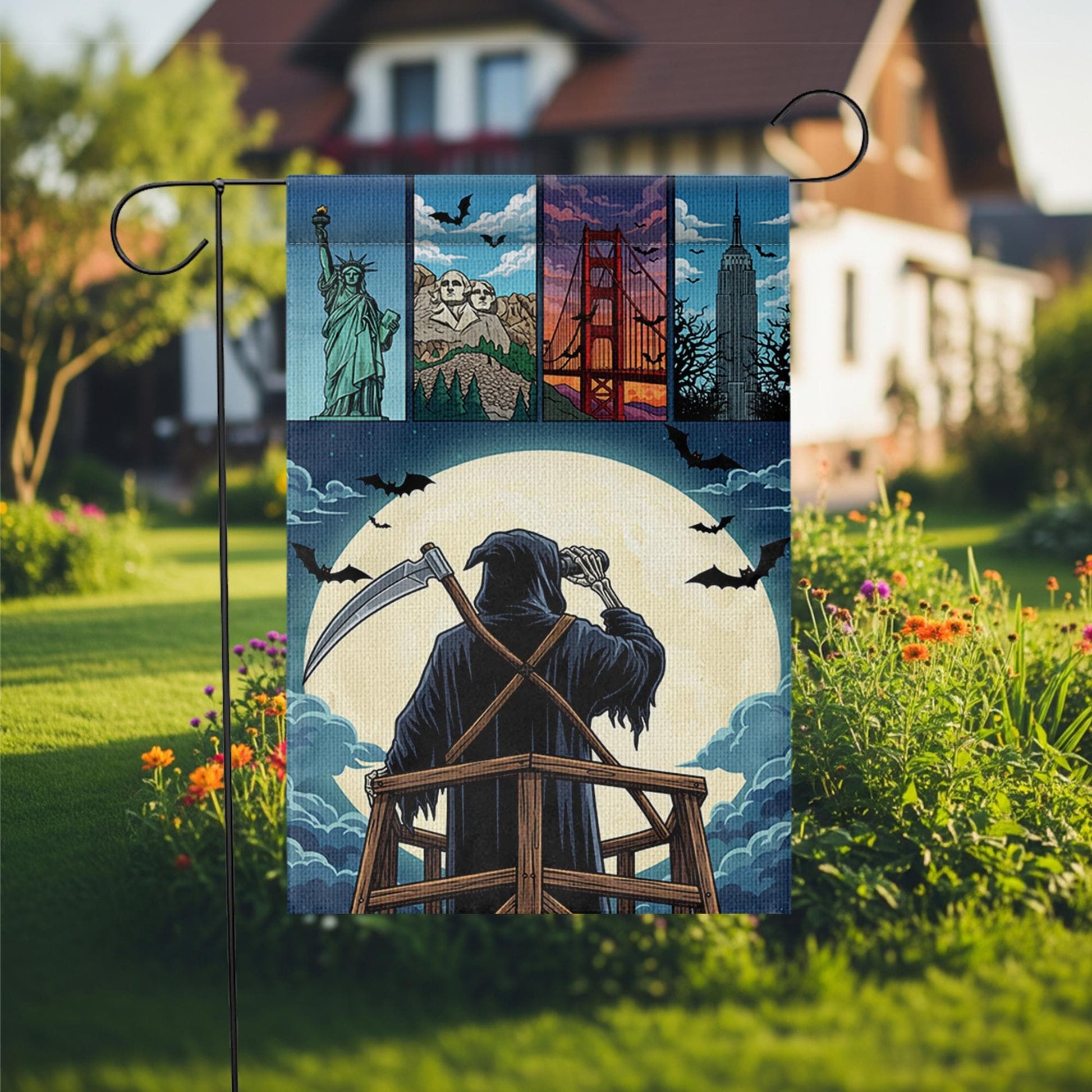 Grim Reaper Garden Flag | Halloween Landmark Yard Decor | Spooky Outdoor Seasonal Banner | USA Landmark Reaper House Flag
