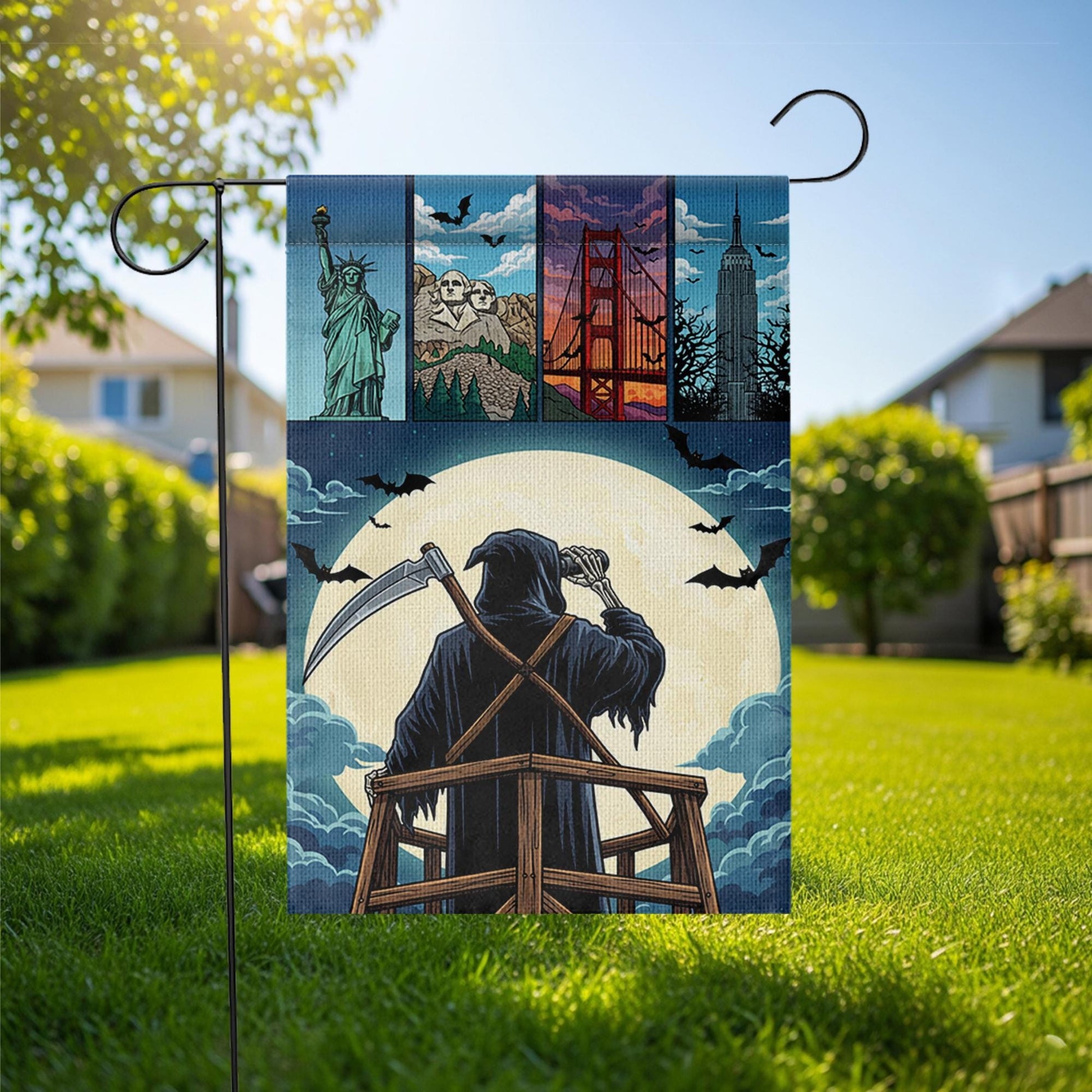 Grim Reaper Garden Flag | Halloween Landmark Yard Decor | Spooky Outdoor Seasonal Banner | USA Landmark Reaper House Flag