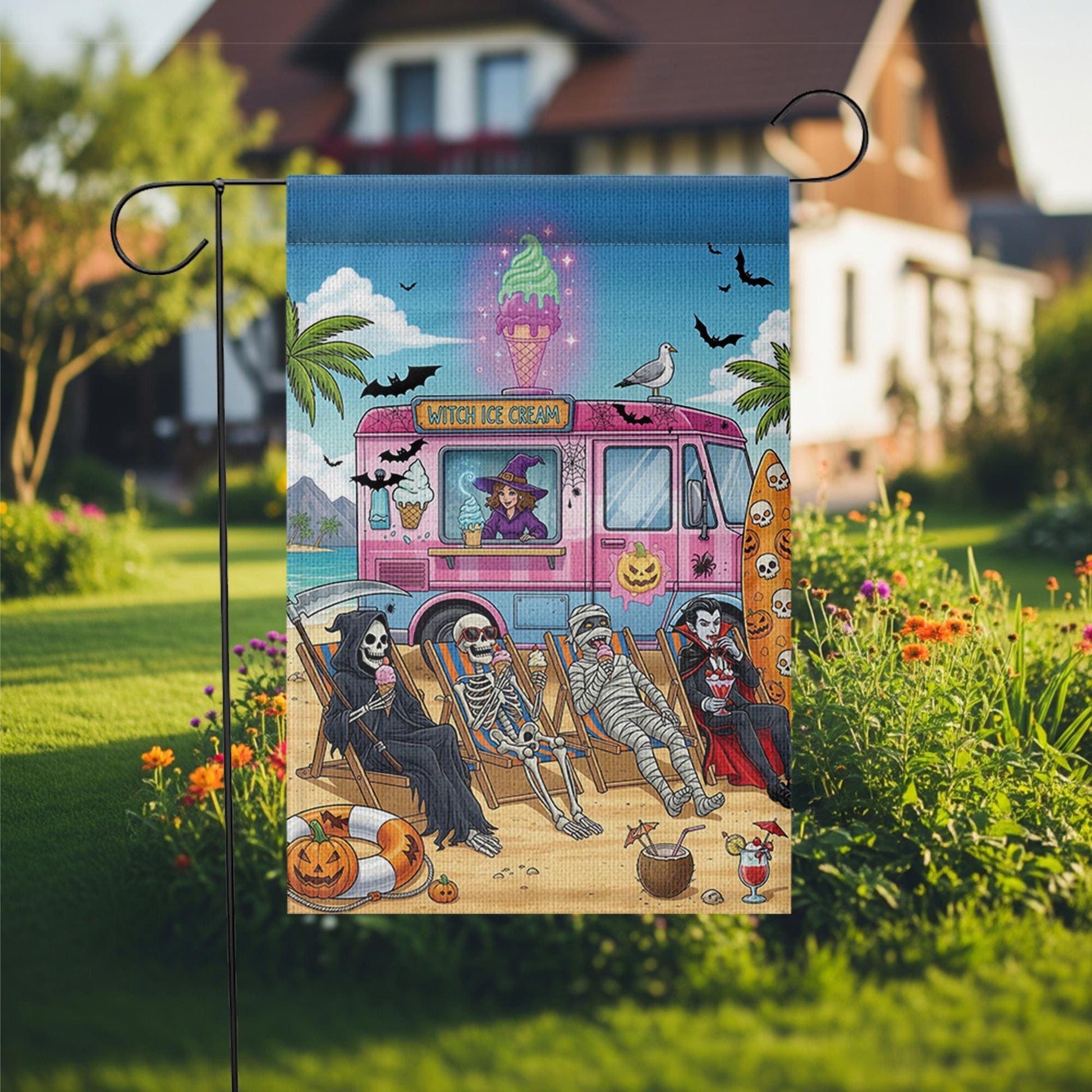 Halloween Ice Cream Truck Garden Flag | Spooky Beach Skeleton Yard Banner | Witch Summer Outdoor Holiday Decor | Funny Halloween Flag