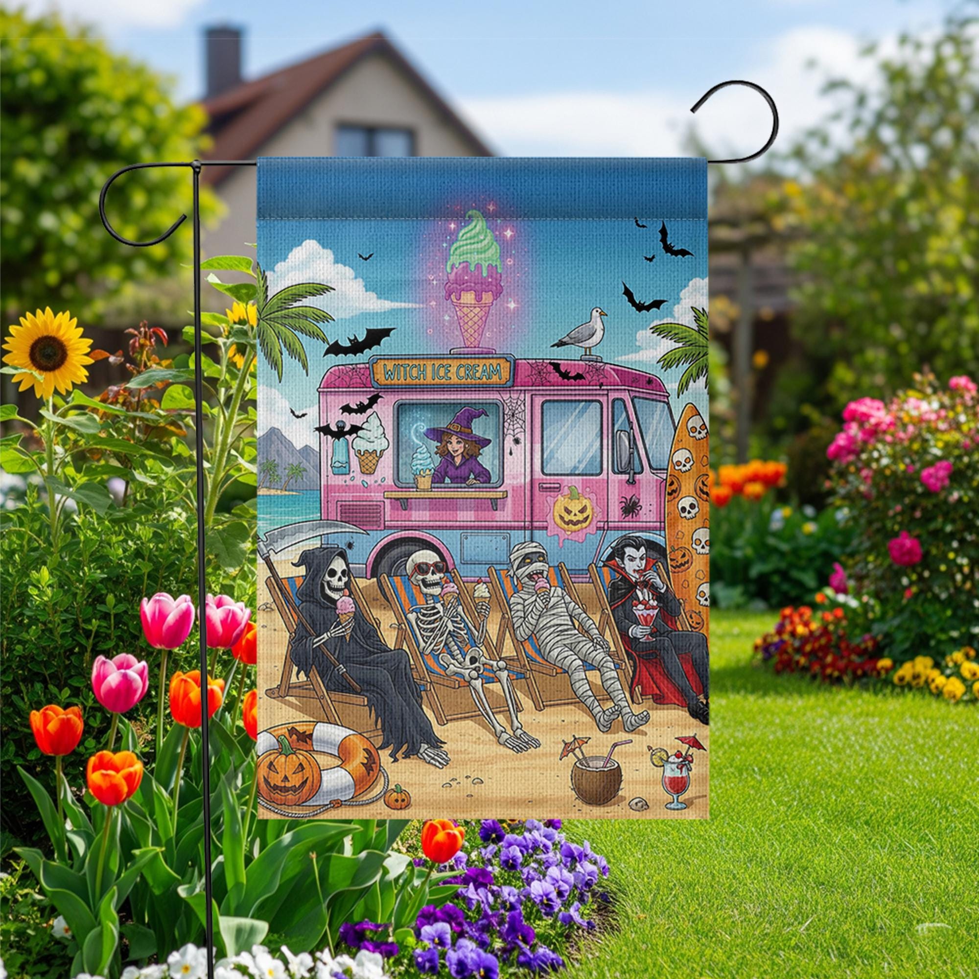 Halloween Ice Cream Truck Garden Flag | Spooky Beach Skeleton Yard Banner | Witch Summer Outdoor Holiday Decor | Funny Halloween Flag