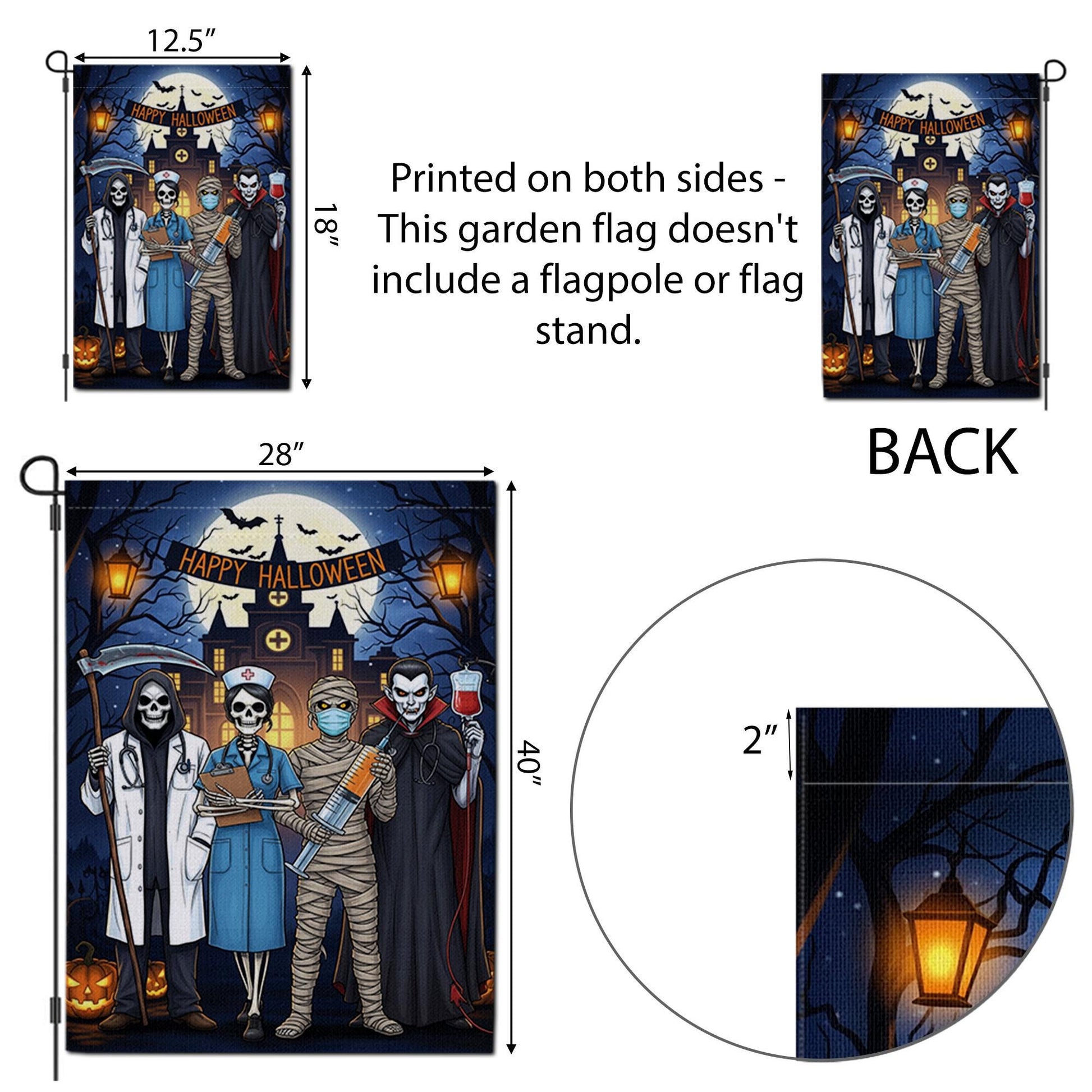 Halloween Medical Garden Flag | Doctor Nurse Vampire Mummy Yard Banner | Funny Spooky Outdoor Decor | Happy Halloween Hospital Flag
