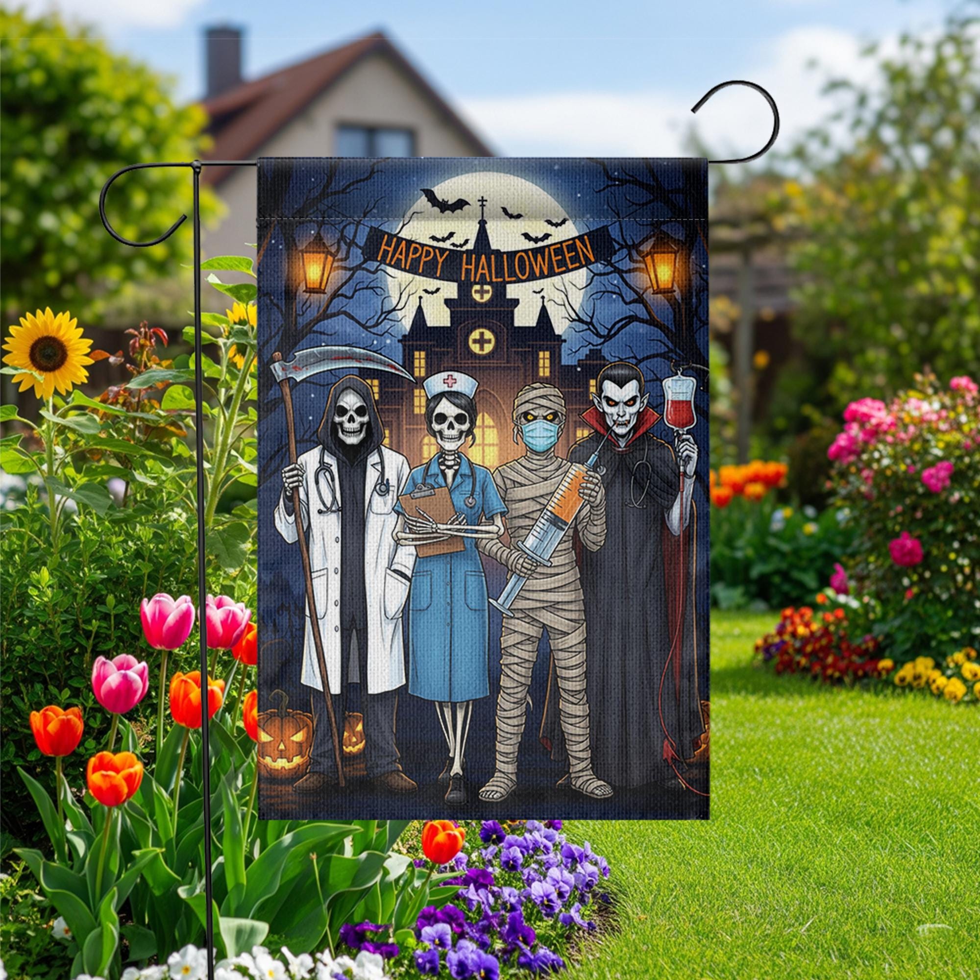 Halloween Medical Garden Flag | Doctor Nurse Vampire Mummy Yard Banner | Funny Spooky Outdoor Decor | Happy Halloween Hospital Flag