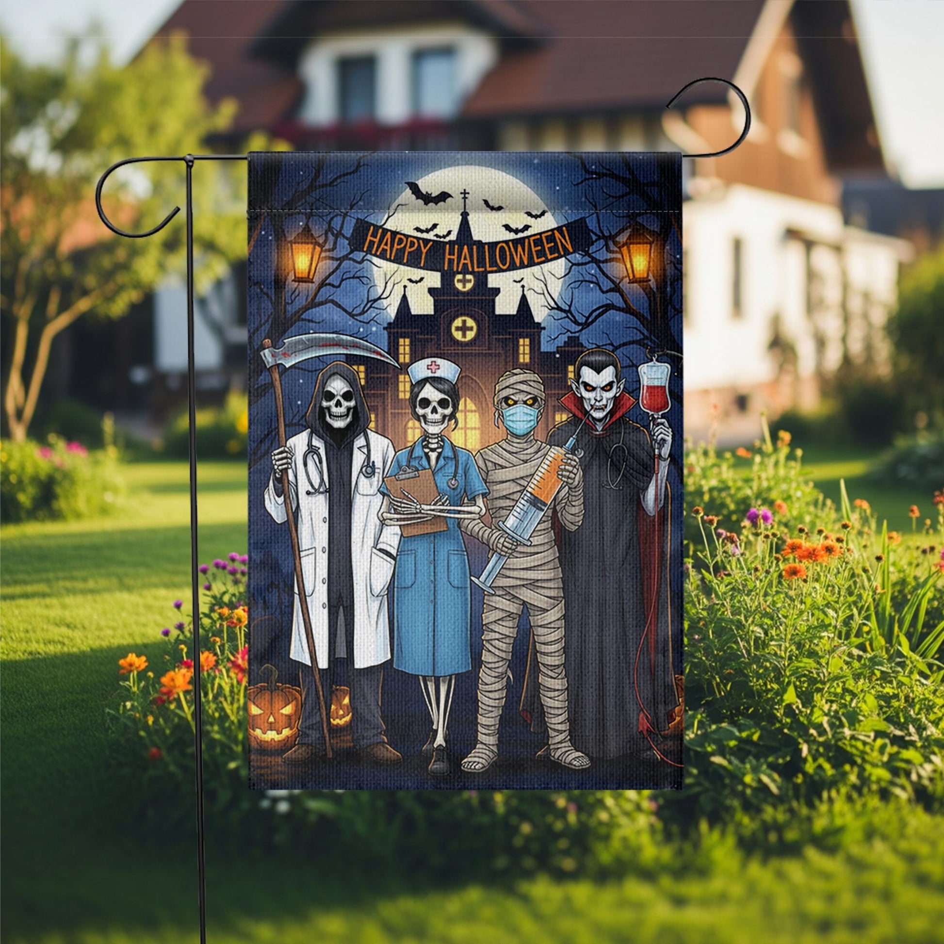Halloween Medical Garden Flag | Doctor Nurse Vampire Mummy Yard Banner | Funny Spooky Outdoor Decor | Happy Halloween Hospital Flag