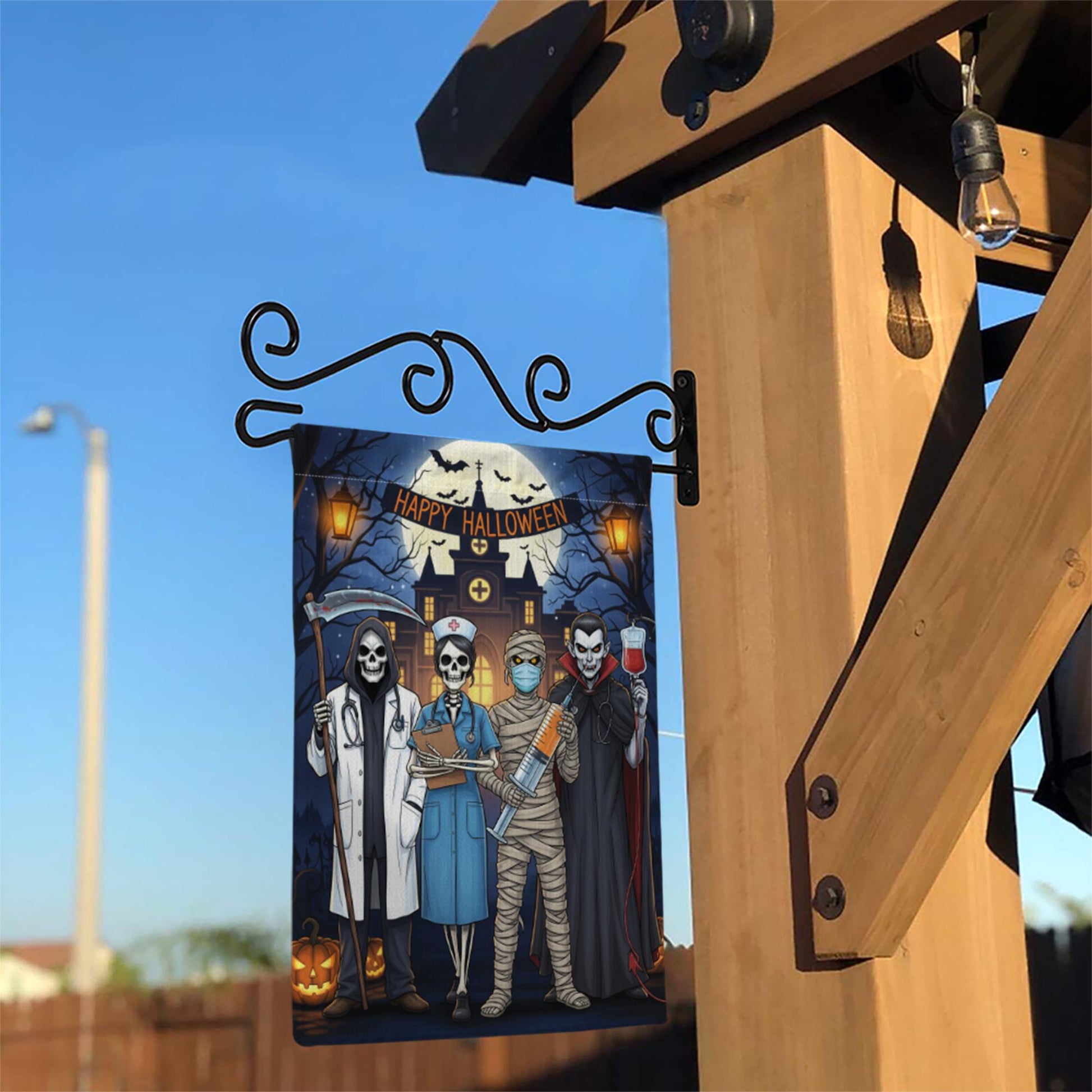 Halloween Medical Garden Flag | Doctor Nurse Vampire Mummy Yard Banner | Funny Spooky Outdoor Decor | Happy Halloween Hospital Flag