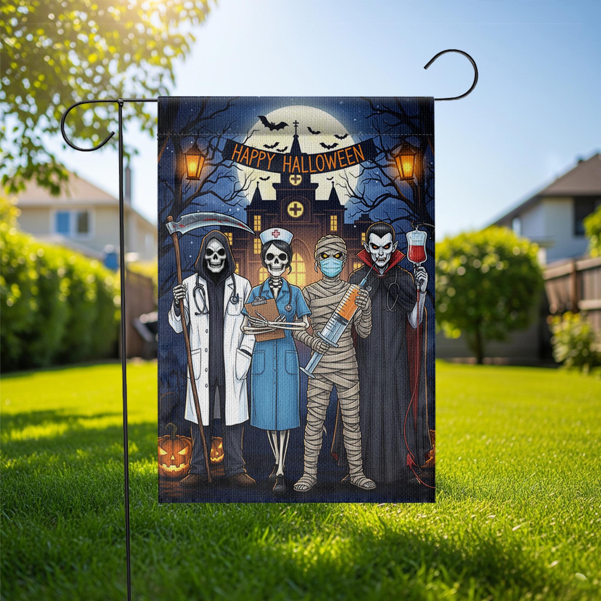 Halloween Medical Garden Flag | Doctor Nurse Vampire Mummy Yard Banner | Funny Spooky Outdoor Decor | Happy Halloween Hospital Flag