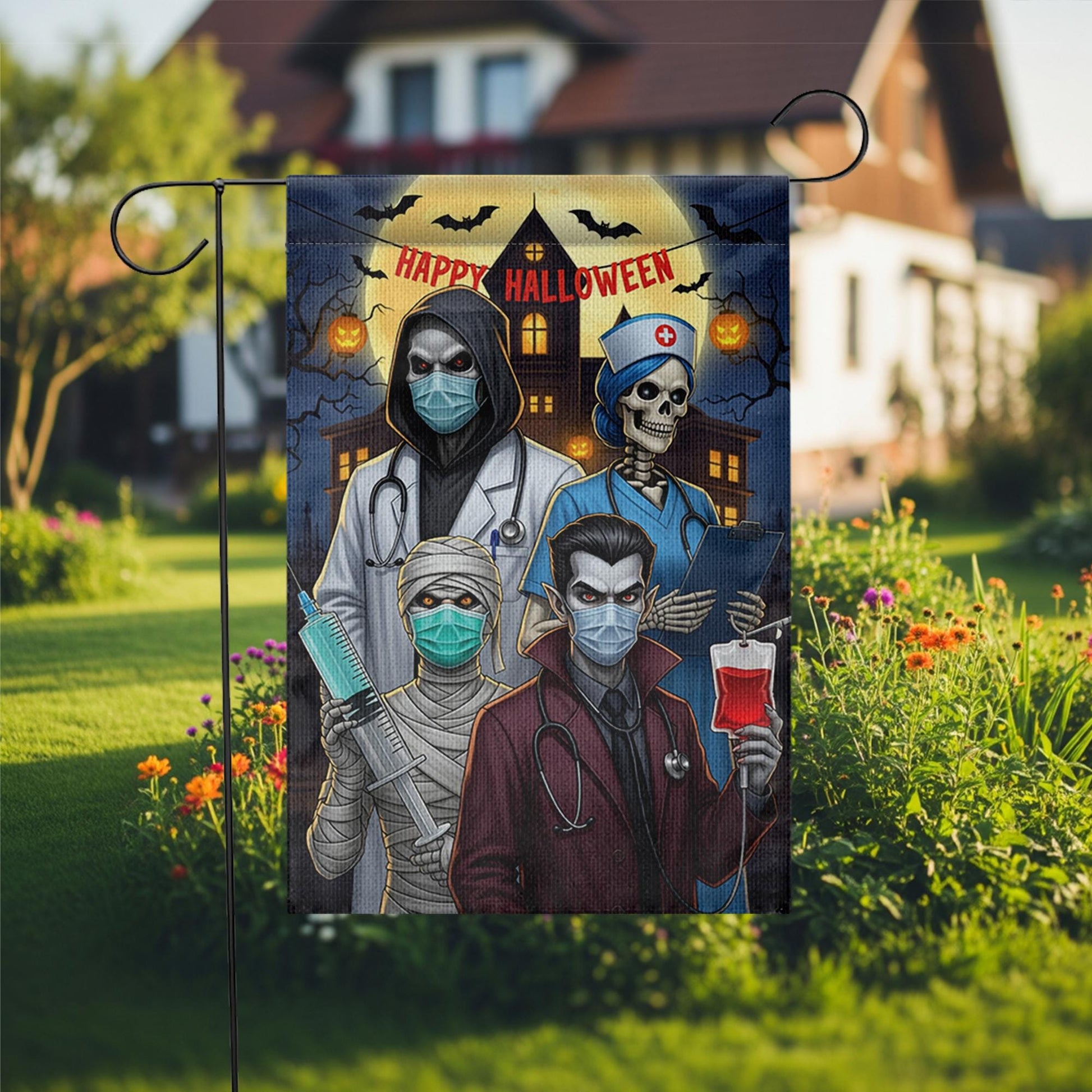 Halloween Medical Garden Flag | Funny Doctor Nurse Vampire Yard Banner | Spooky Healthcare Outdoor Decor | Happy Halloween House Flag
