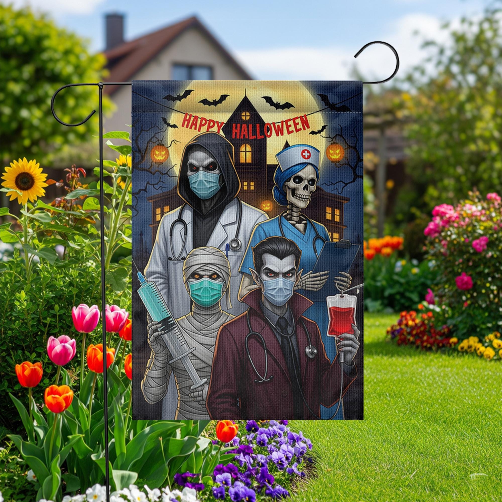 Halloween Medical Garden Flag | Funny Doctor Nurse Vampire Yard Banner | Spooky Healthcare Outdoor Decor | Happy Halloween House Flag