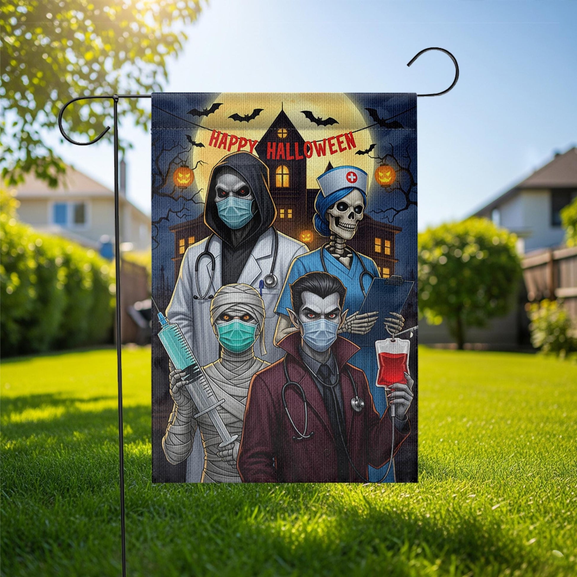 Halloween Medical Garden Flag | Funny Doctor Nurse Vampire Yard Banner | Spooky Healthcare Outdoor Decor | Happy Halloween House Flag