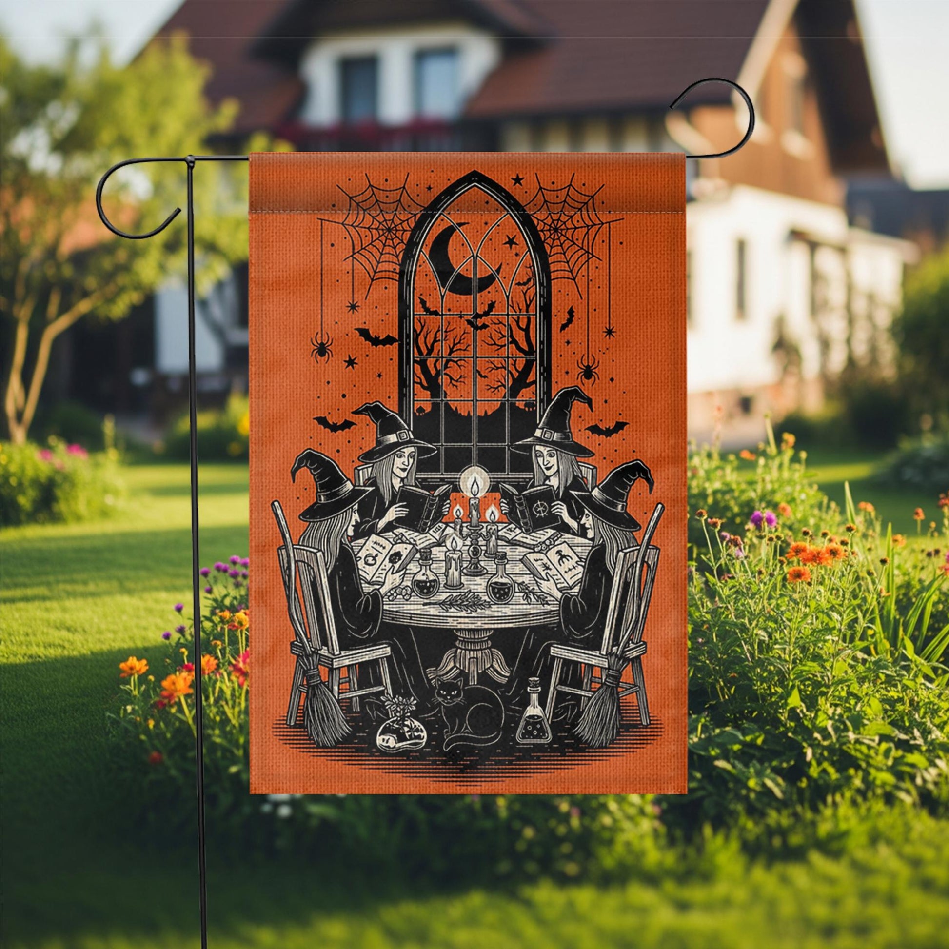 Witch Gathering Garden Flag | Halloween Witch Coven Yard Banner | Spooky Gothic Outdoor Decor | Vintage Witches House Flag