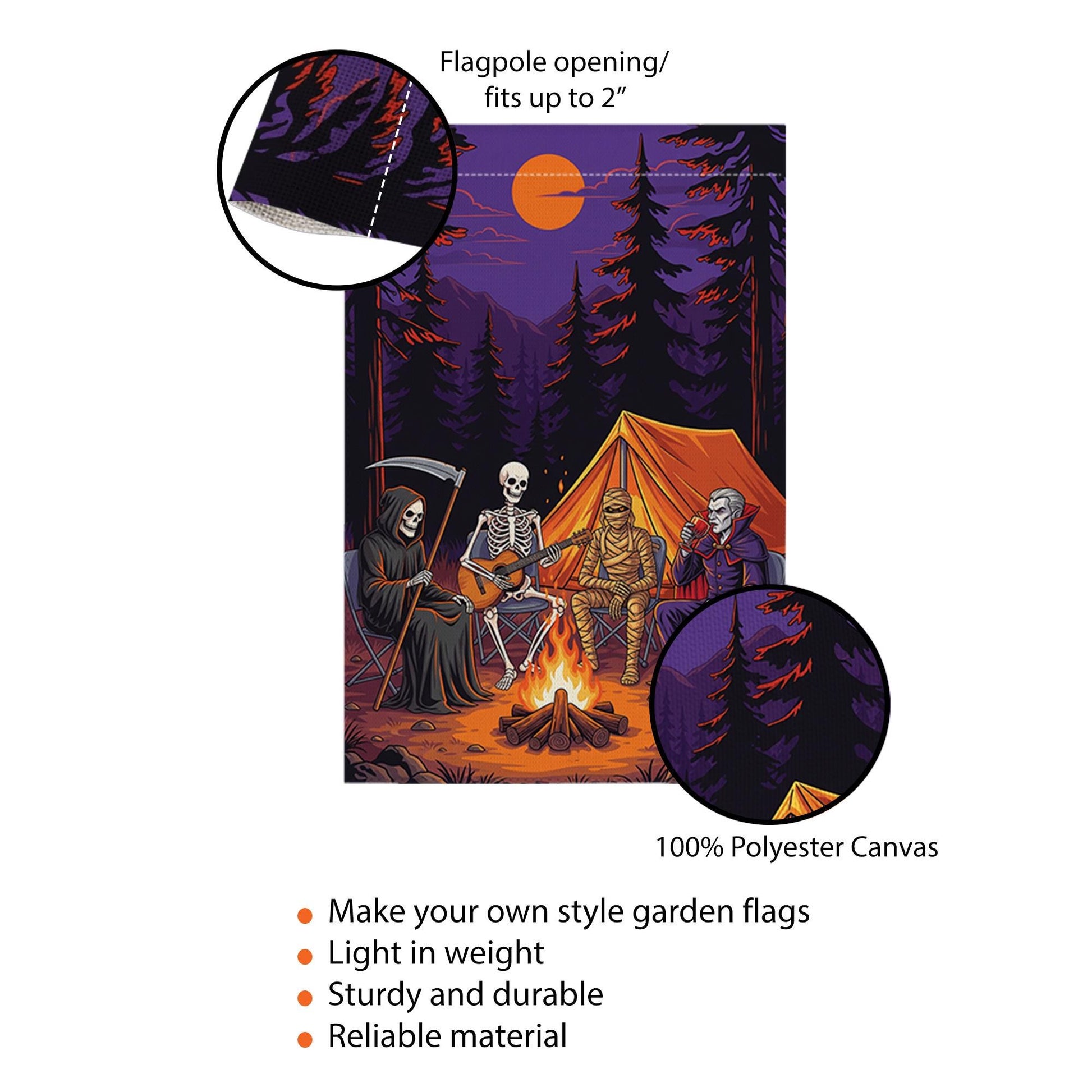 Halloween Camping Garden Flag | Spooky Campfire Skeleton Vampire Yard Banner | Funny Outdoor Fall Decor | Horror Camp House Flag