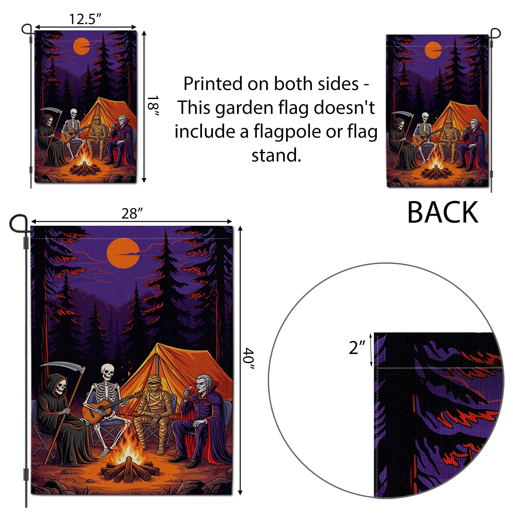 Halloween Camping Garden Flag | Spooky Campfire Skeleton Vampire Yard Banner | Funny Outdoor Fall Decor | Horror Camp House Flag