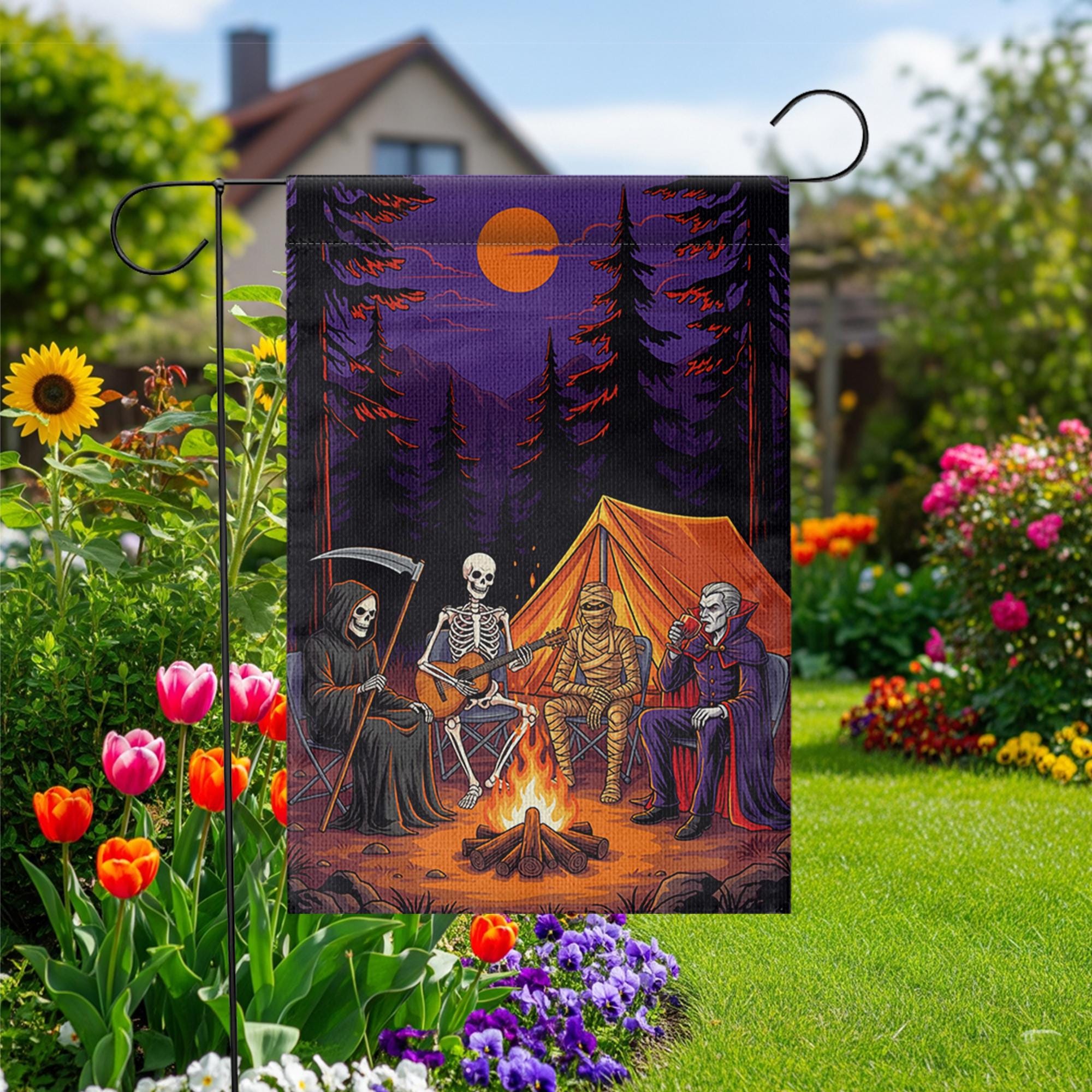 Halloween Camping Garden Flag | Spooky Campfire Skeleton Vampire Yard Banner | Funny Outdoor Fall Decor | Horror Camp House Flag