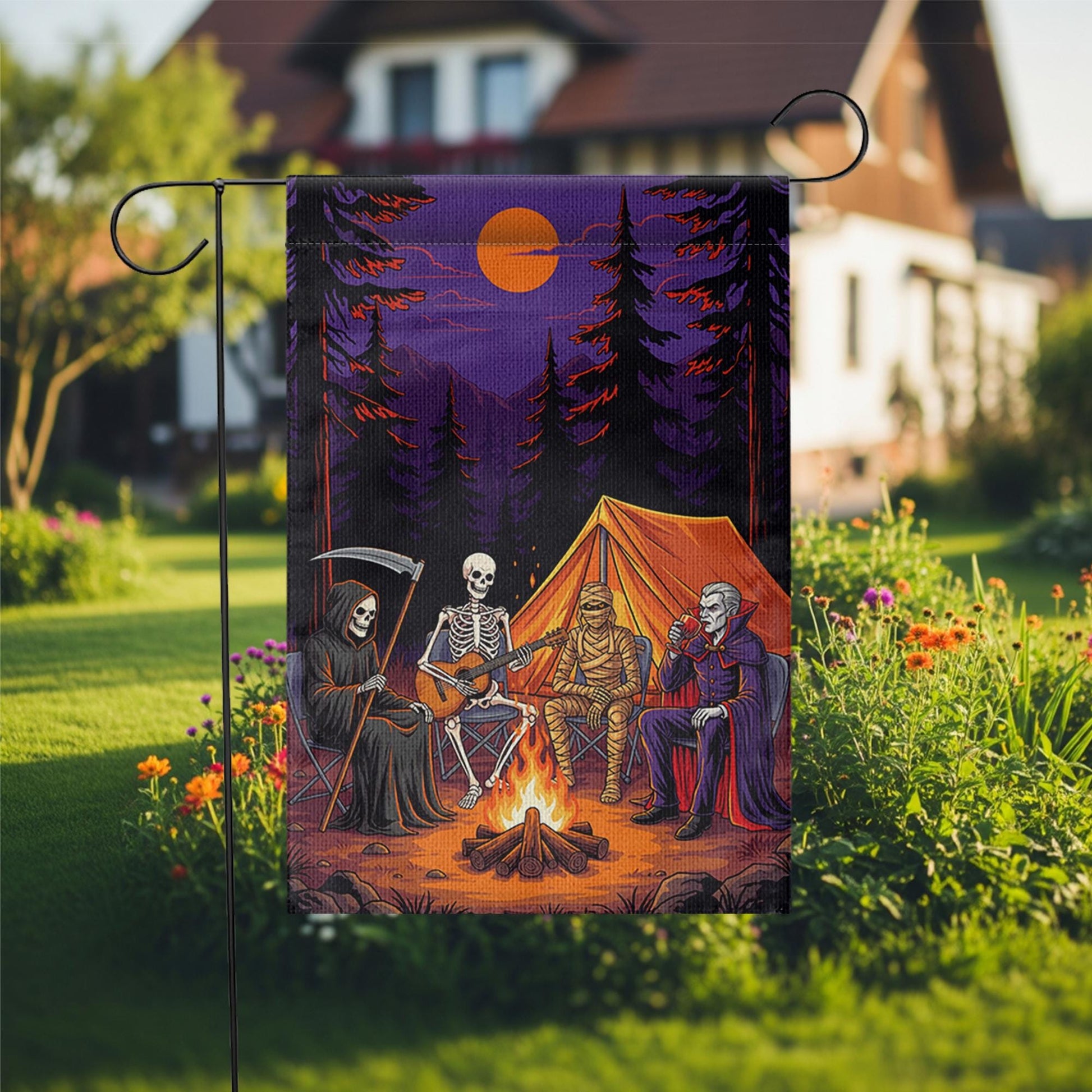 Halloween Camping Garden Flag | Spooky Campfire Skeleton Vampire Yard Banner | Funny Outdoor Fall Decor | Horror Camp House Flag