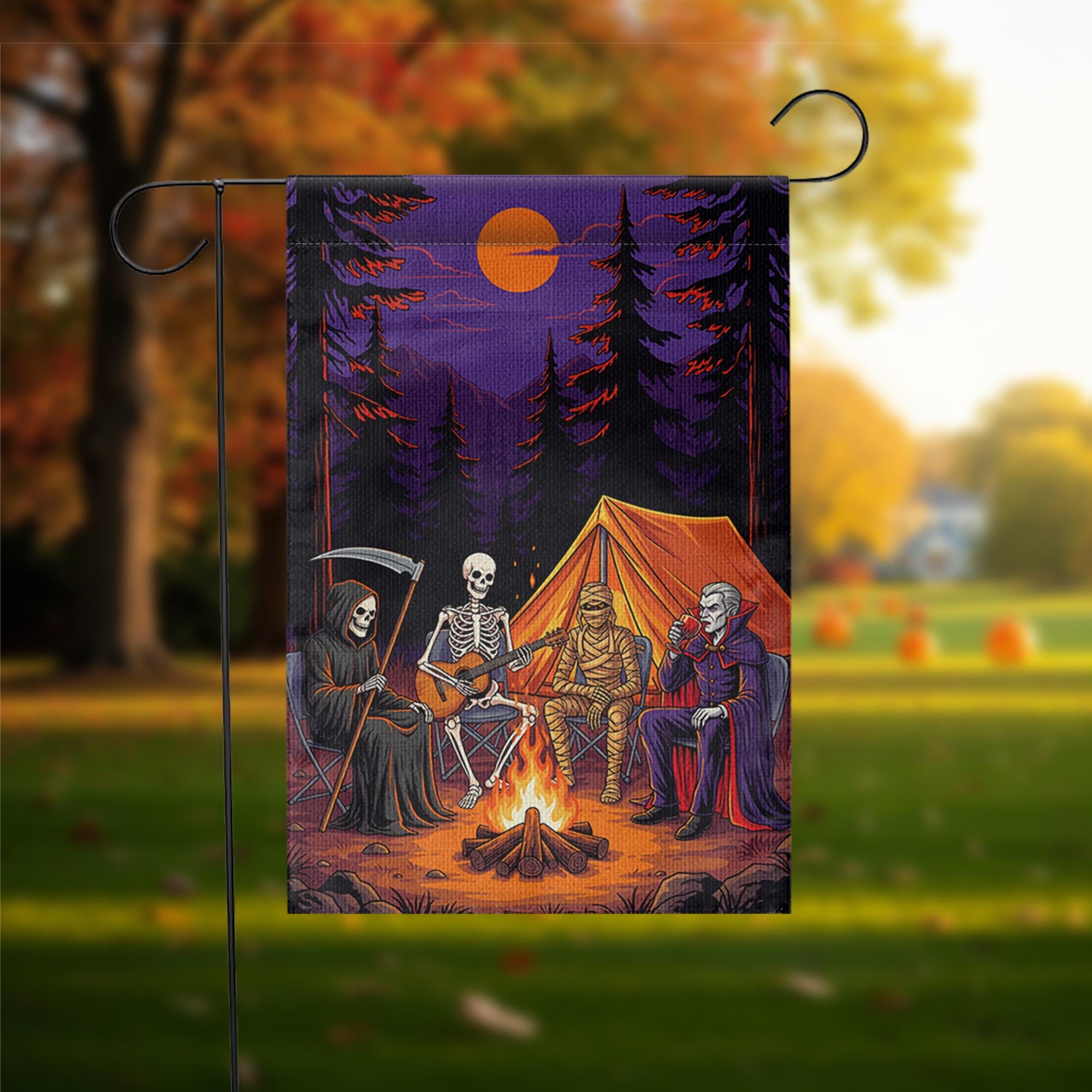 Halloween Camping Garden Flag | Spooky Campfire Skeleton Vampire Yard Banner | Funny Outdoor Fall Decor | Horror Camp House Flag