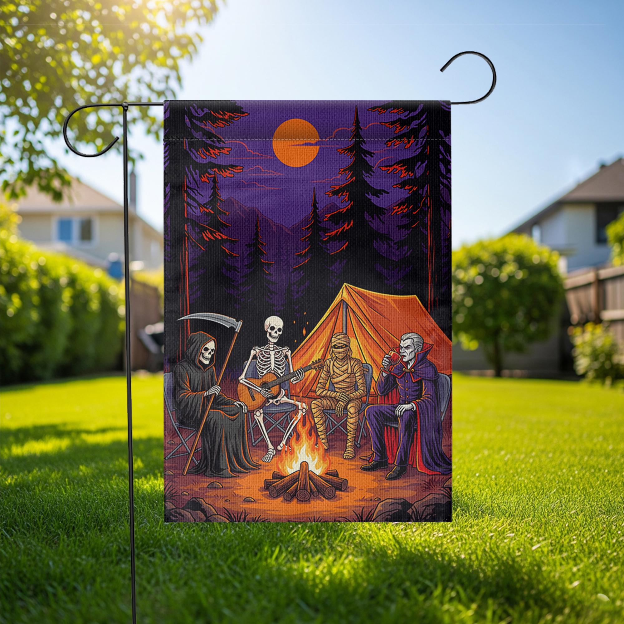 Halloween Camping Garden Flag | Spooky Campfire Skeleton Vampire Yard Banner | Funny Outdoor Fall Decor | Horror Camp House Flag