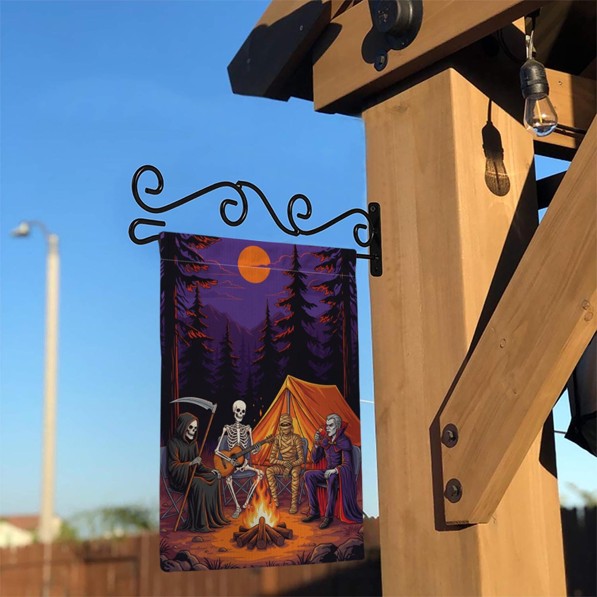 Halloween Camping Garden Flag | Spooky Campfire Skeleton Vampire Yard Banner | Funny Outdoor Fall Decor | Horror Camp House Flag
