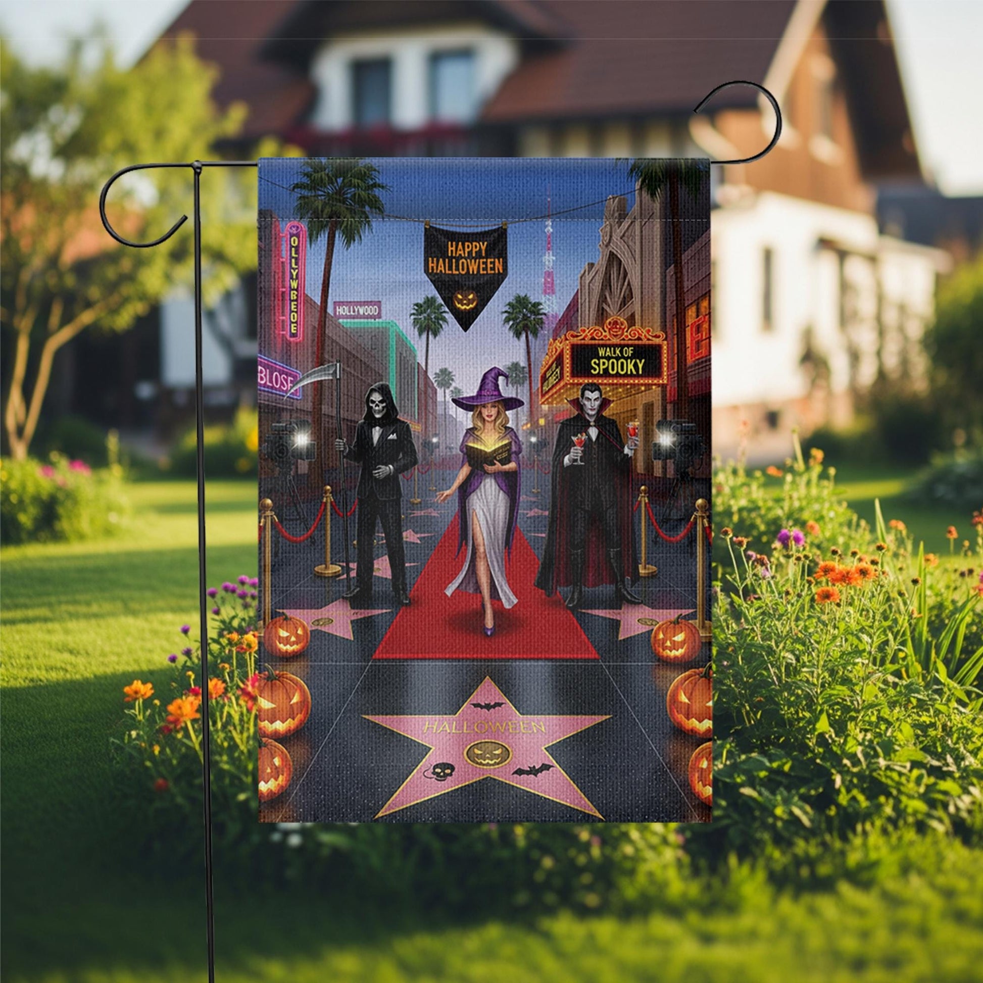 Halloween Red Carpet Garden Flag | Spooky Celebrity Witch Yard Banner | Funny Horror Walk of Fame Outdoor Decor | Glam Halloween Flag