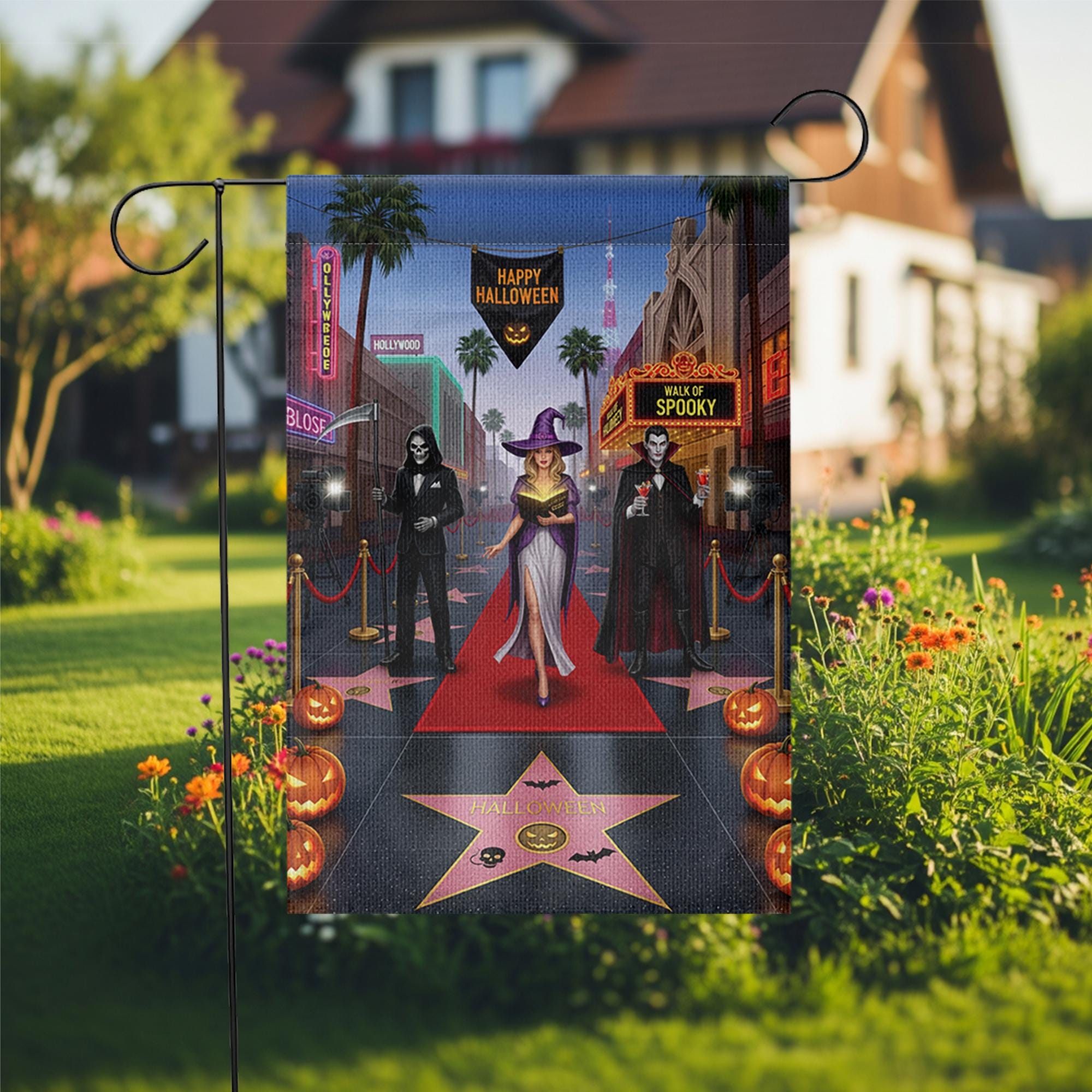Halloween Red Carpet Garden Flag | Spooky Celebrity Witch Yard Banner | Funny Horror Walk of Fame Outdoor Decor | Glam Halloween Flag