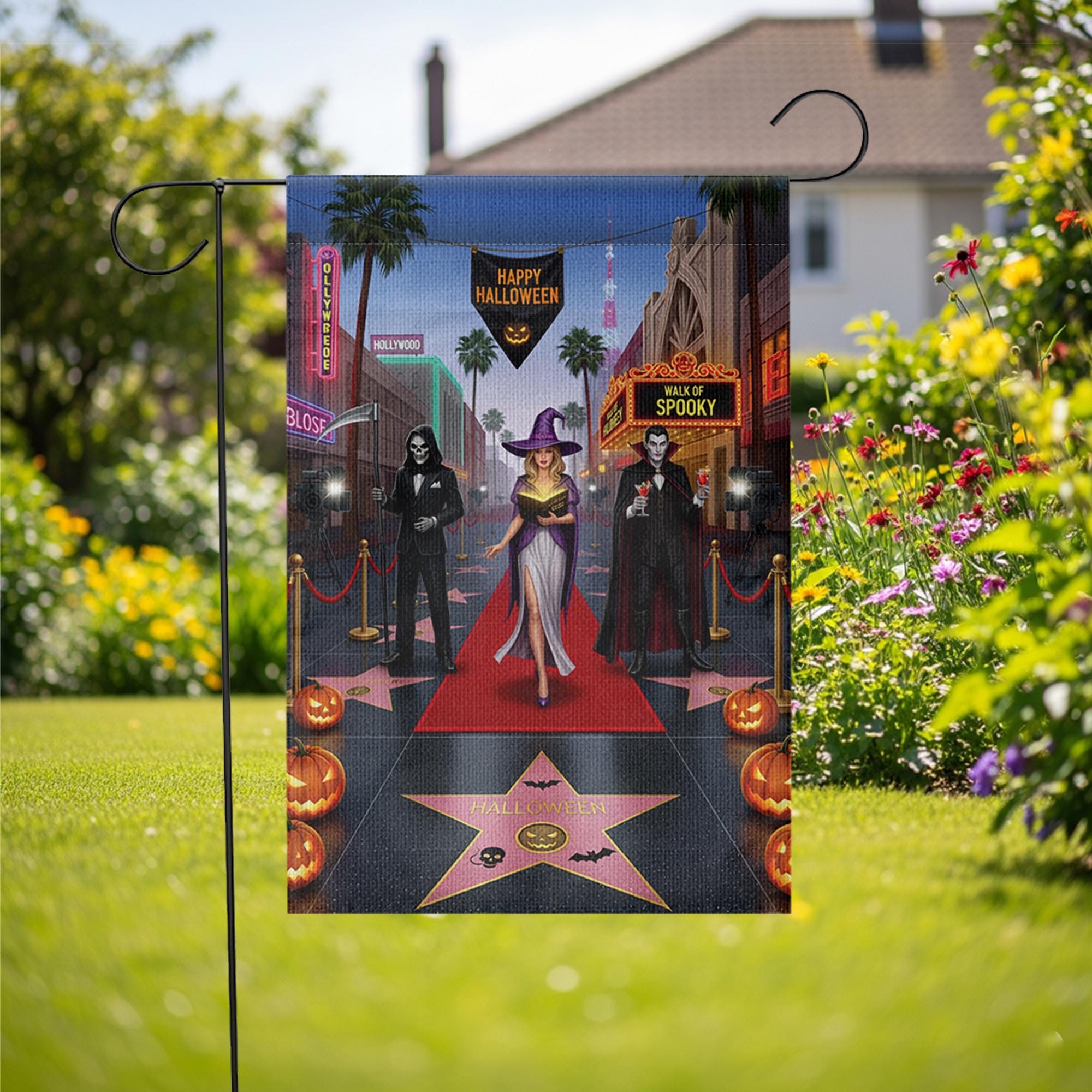 Halloween Red Carpet Garden Flag | Spooky Celebrity Witch Yard Banner | Funny Horror Walk of Fame Outdoor Decor | Glam Halloween Flag