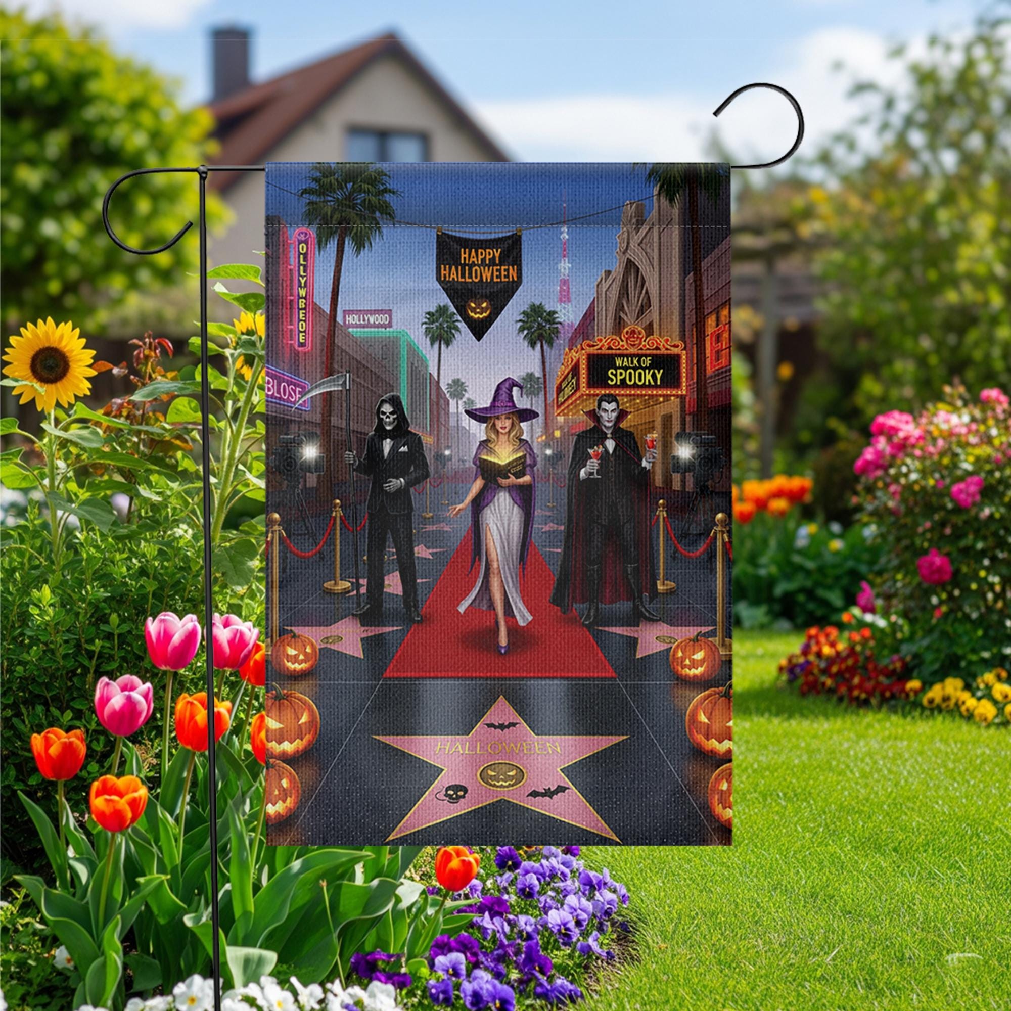Halloween Red Carpet Garden Flag | Spooky Celebrity Witch Yard Banner | Funny Horror Walk of Fame Outdoor Decor | Glam Halloween Flag
