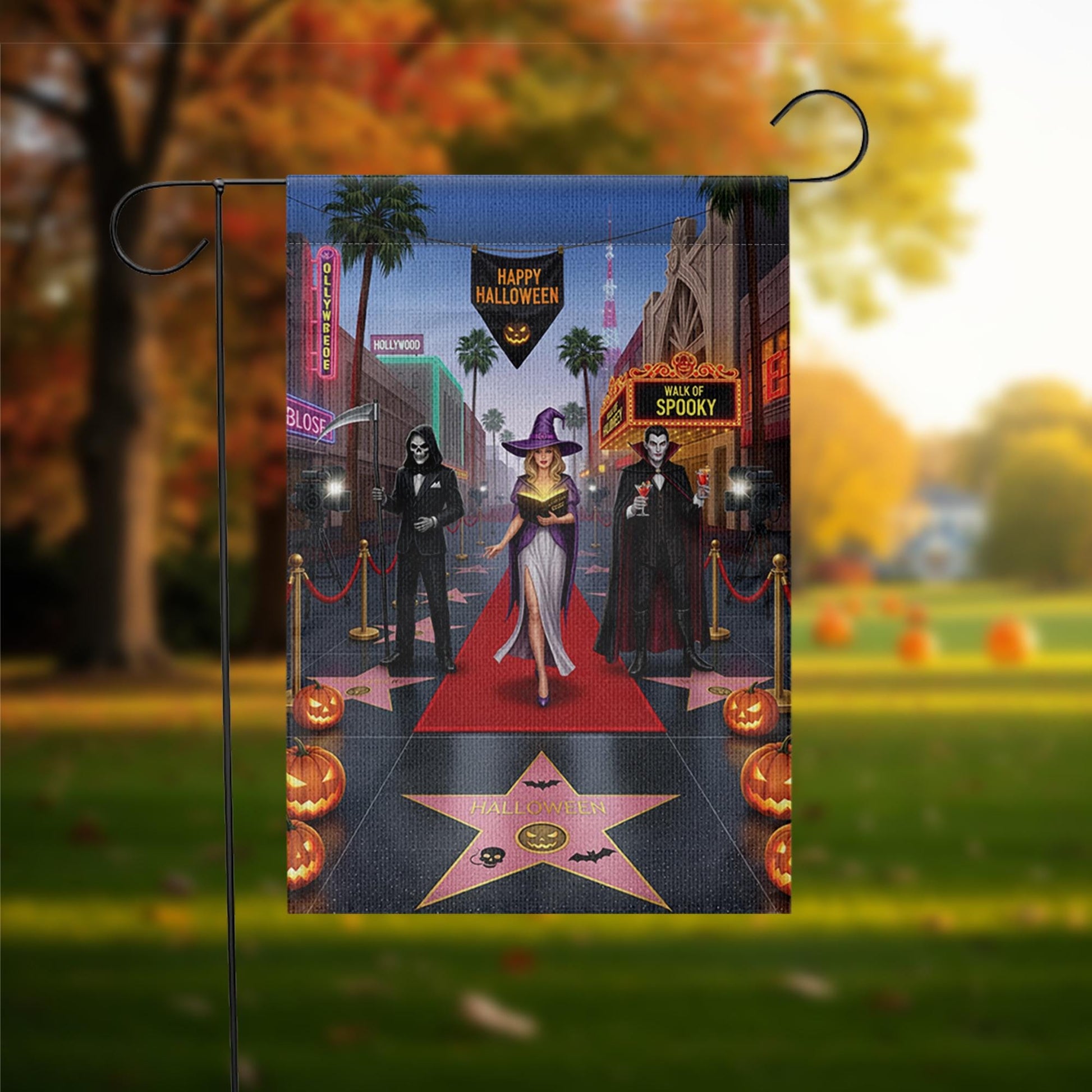Halloween Red Carpet Garden Flag | Spooky Celebrity Witch Yard Banner | Funny Horror Walk of Fame Outdoor Decor | Glam Halloween Flag